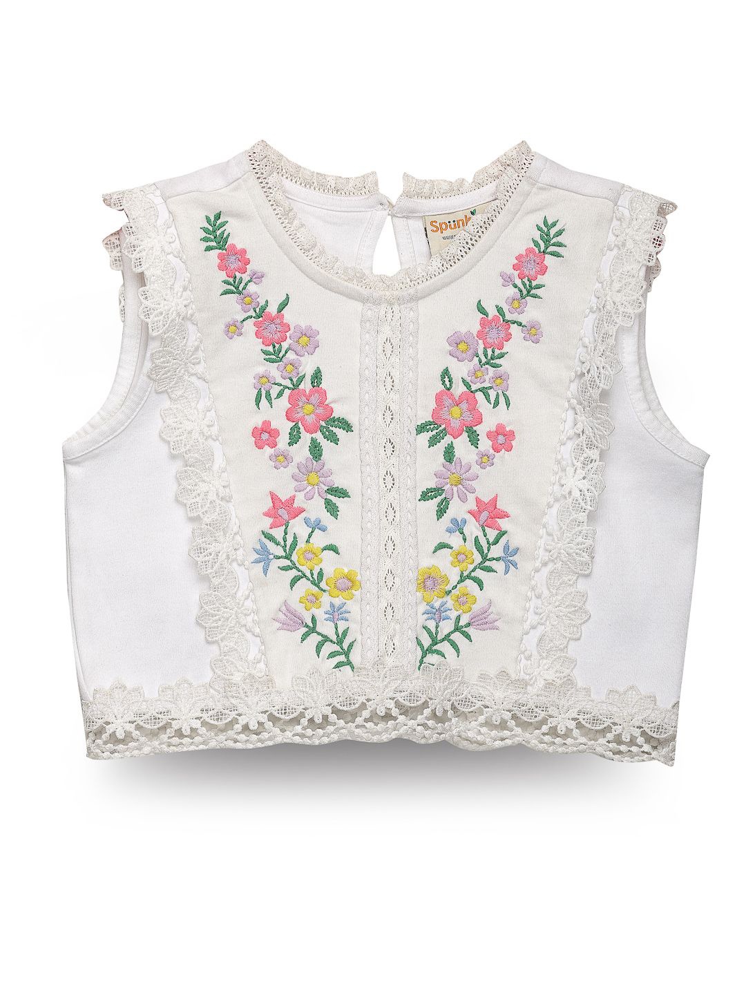 

SPUNKIES Girls Floral Embroidered Lace Inserts Cotton Crop Top, White