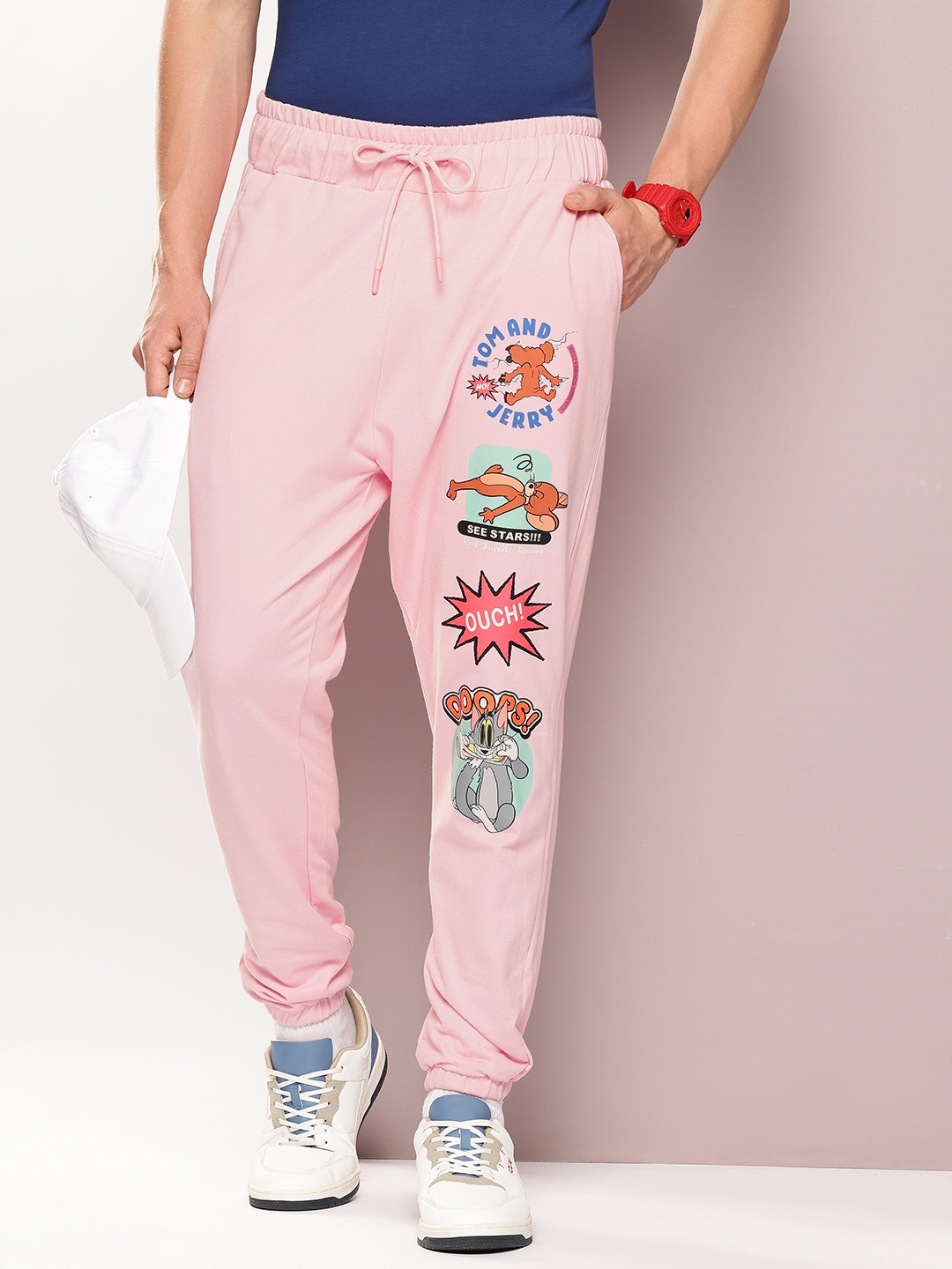 

Kook N Keech Toons Men Pure Cotton Tom & Jerry Printed Relaxed Fit Casual Joggers, Pink