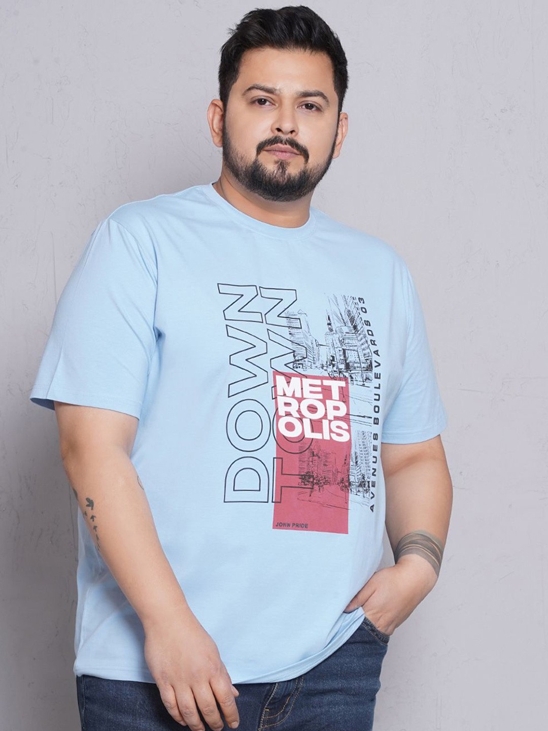 

John Pride Men Typography Printed Raw Edge T-shirt, Blue