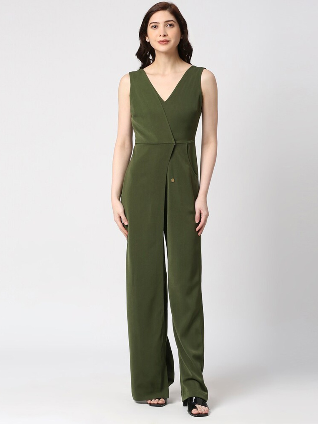 

EMBLAZE Women V-Neck Basic Jumpsuit With Front Flap Overlap, Olive