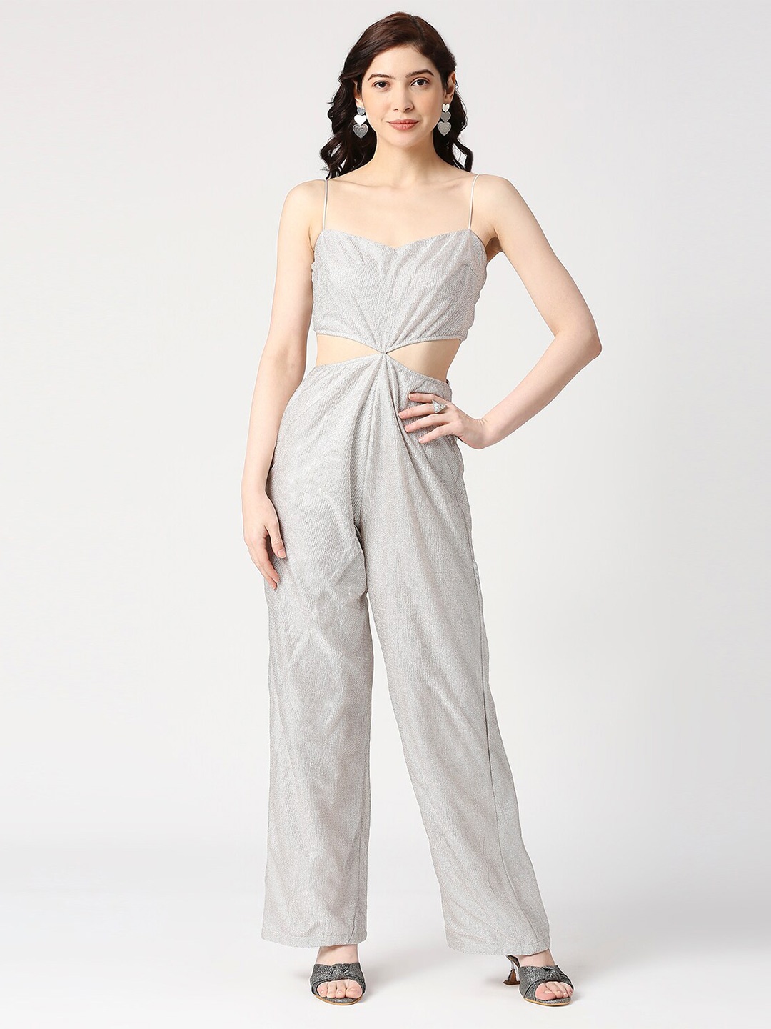 

EMBLAZE Shoulder Straps Cut Out Basic Jumpsuit, Silver