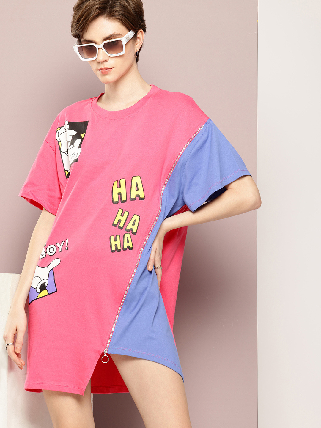 

Kook N Keech Pure Cotton Disney Printed Colourblocked Asymmetric T-shirt Dress, Blue