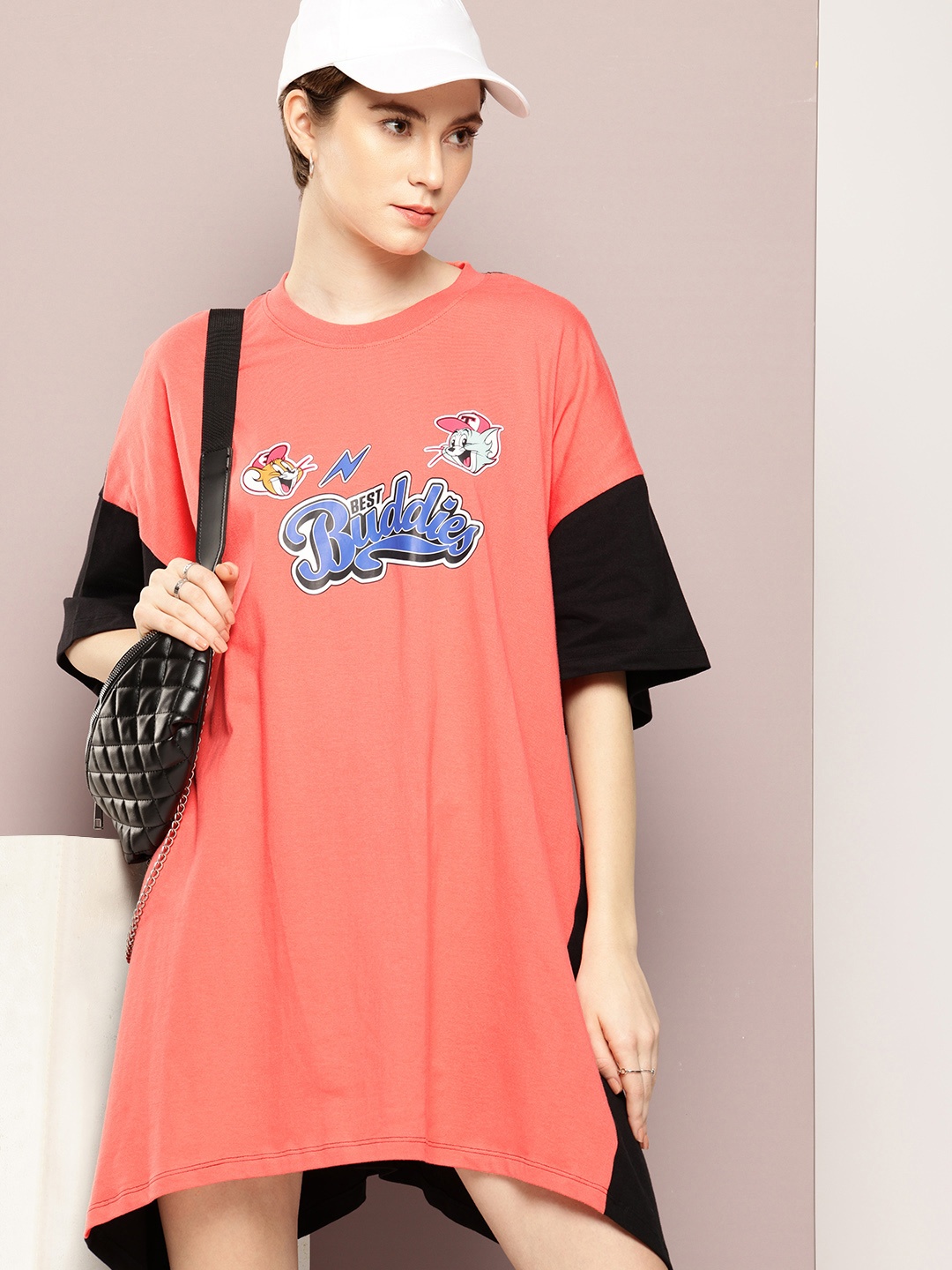 

Kook N Keech Pure Cotton Tom & Jerry Printed Colourblocked Asymmetric T-shirt Dress, Coral