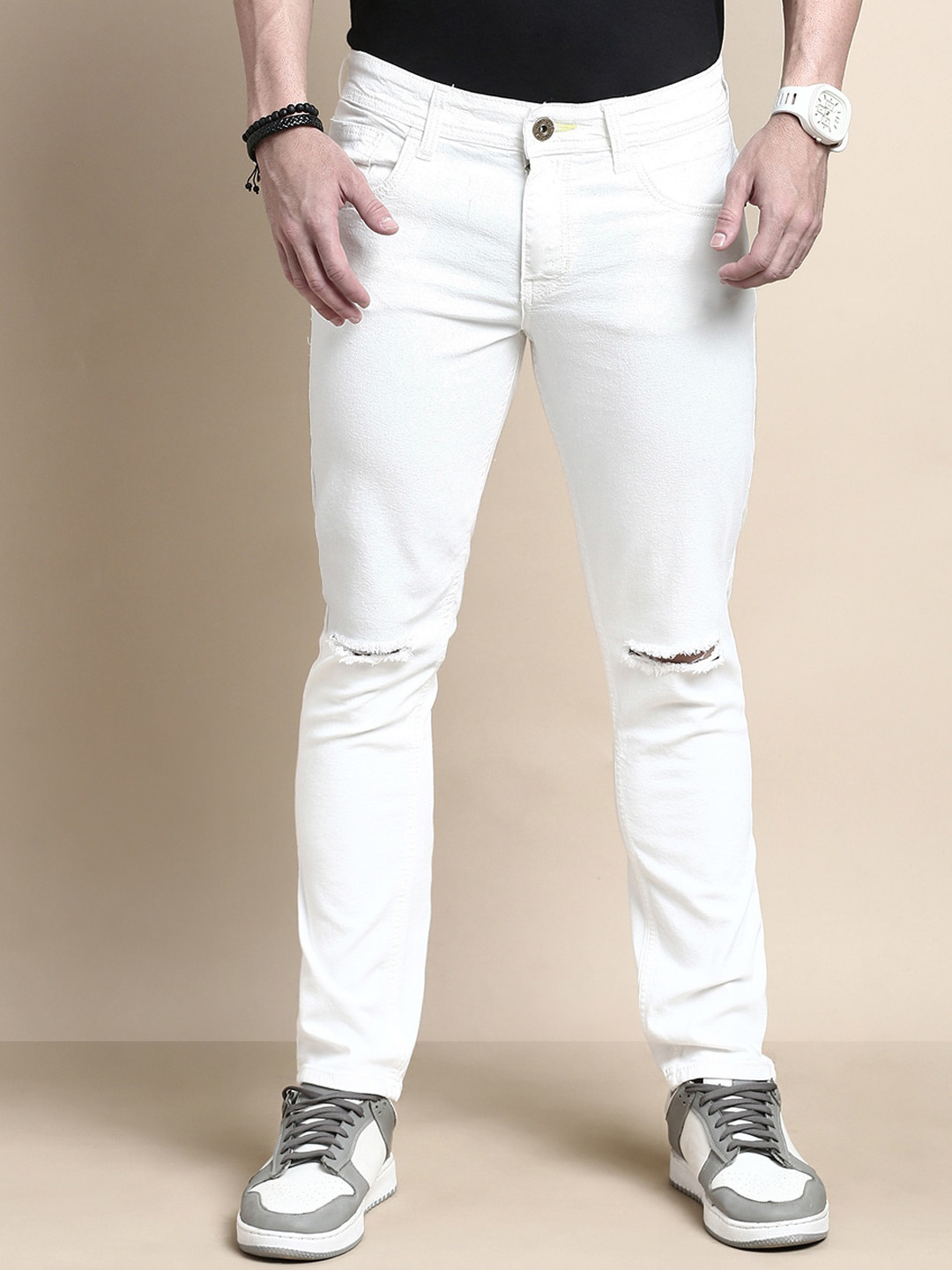 

Chennis Men Mid raise Slim Fit Slash Knee Stretchable Jeans, White