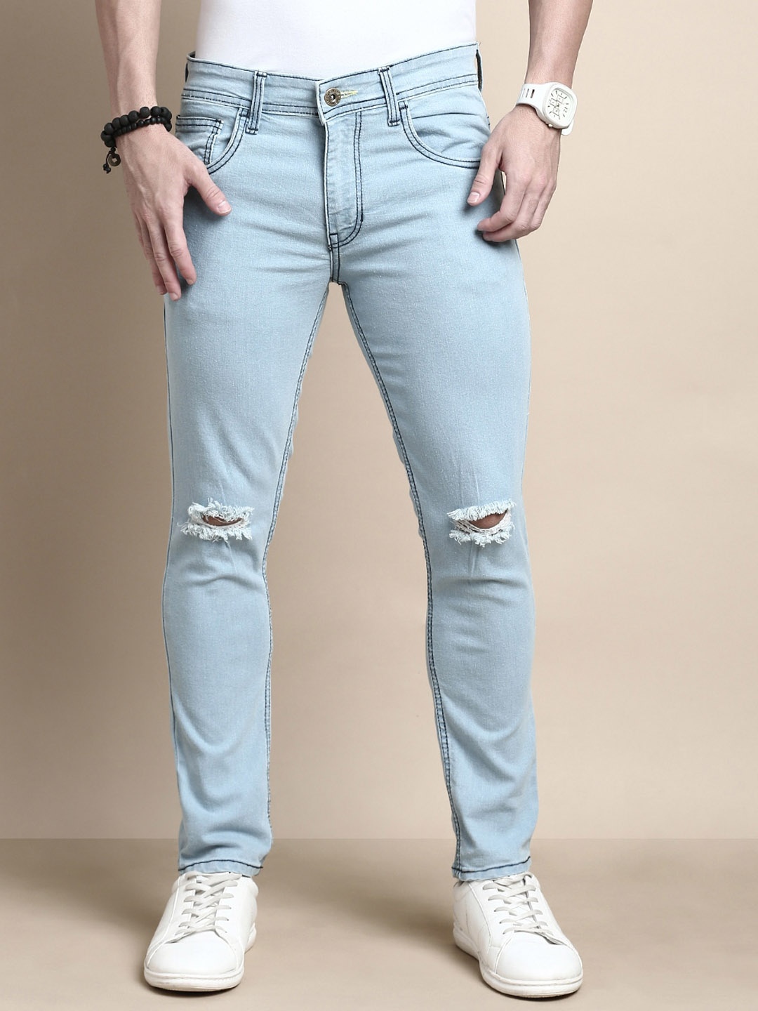 

Chennis Men Mid Raise Slim Fit Slash Knee Stretchable Jeans, Blue