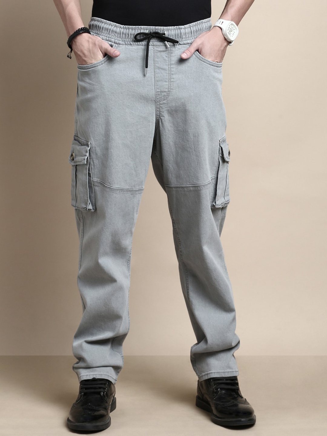 

Chennis Men Mid Raise Cargo Tapered Fit Stretchable Jeans, Grey