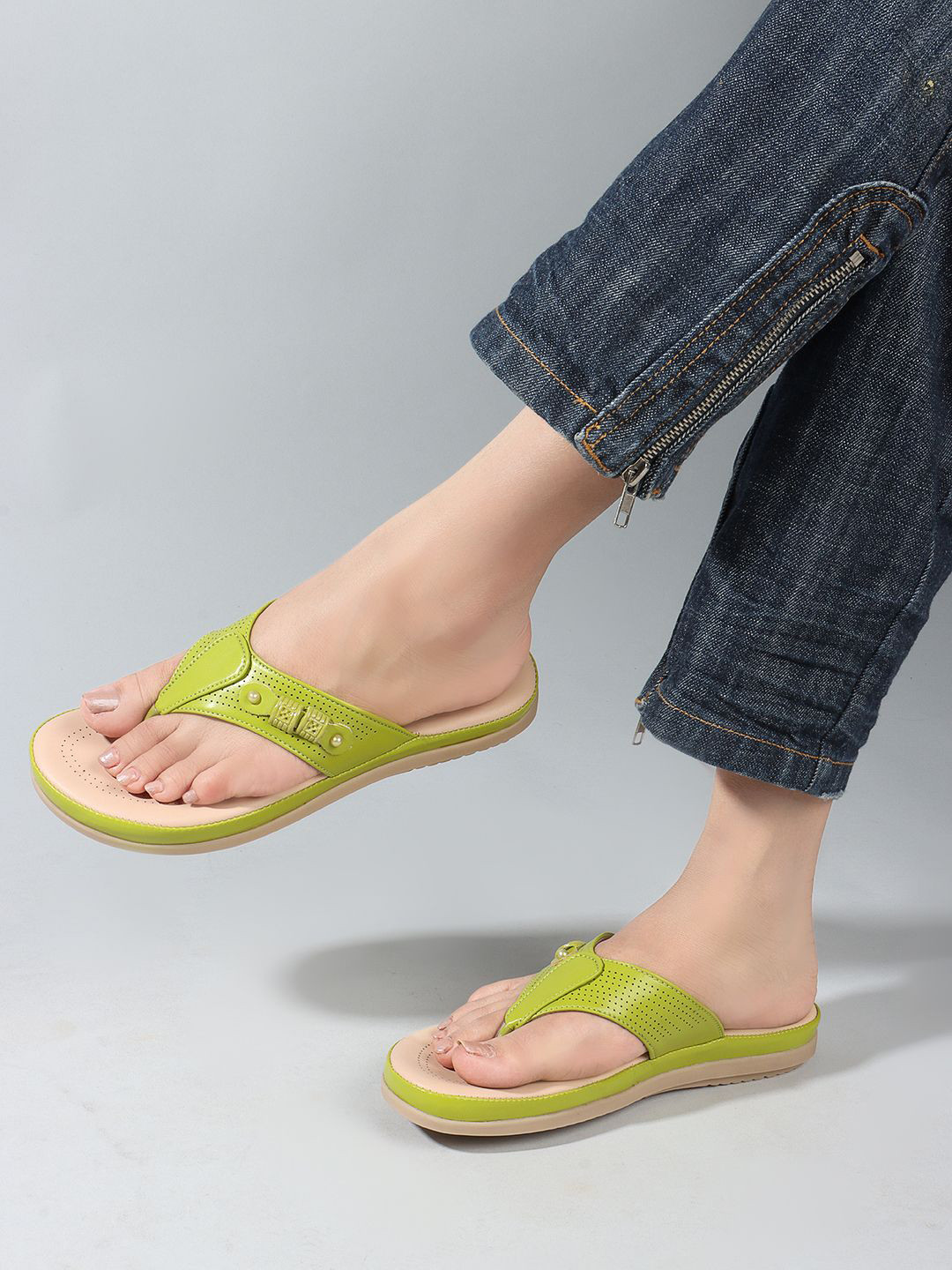 

DressBerry Green Open Toe T-Strap Flats