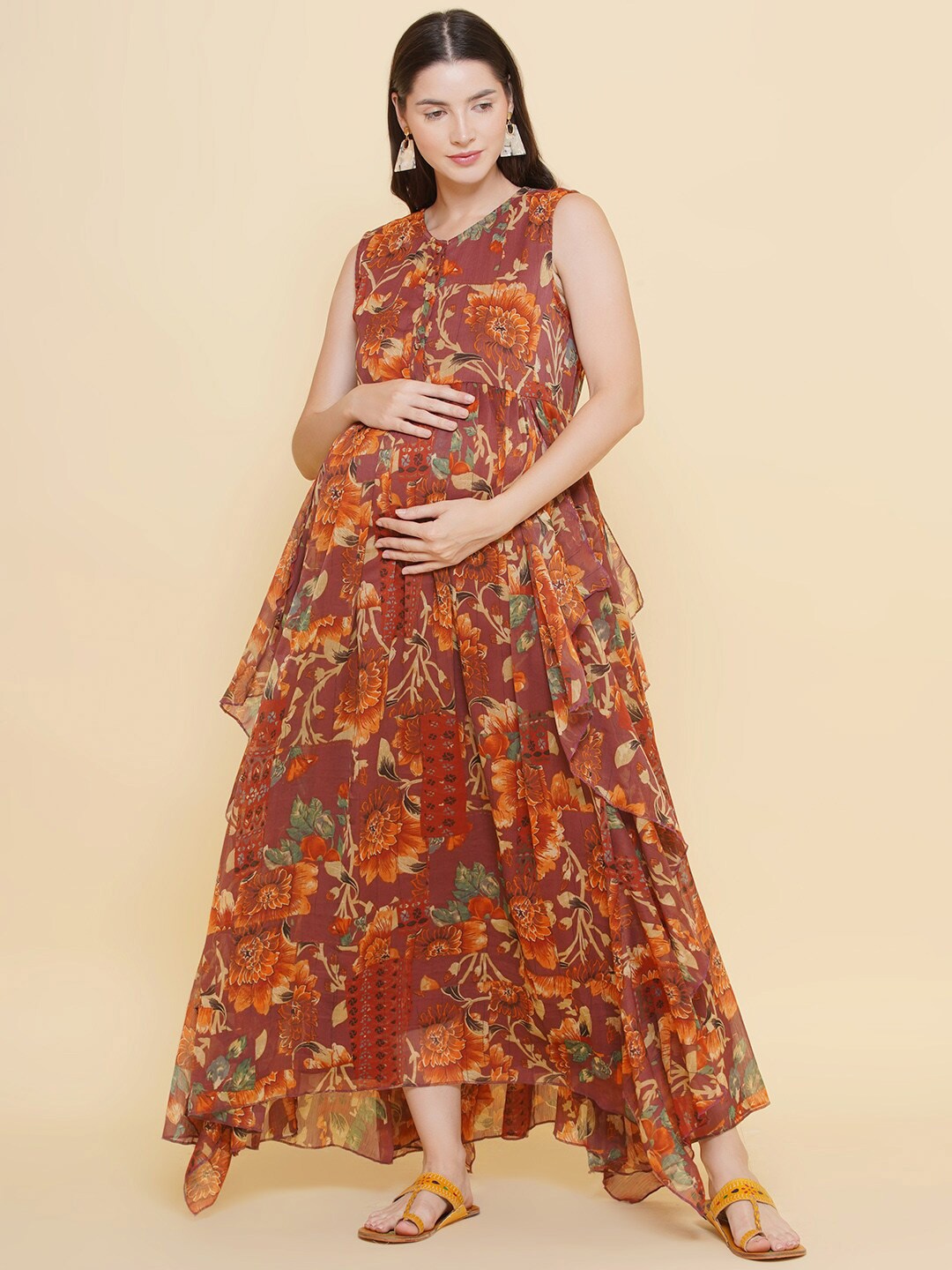 

Mine4Nine Floral Print Ruffled Georgette Maternity Maxi Dress, Brown