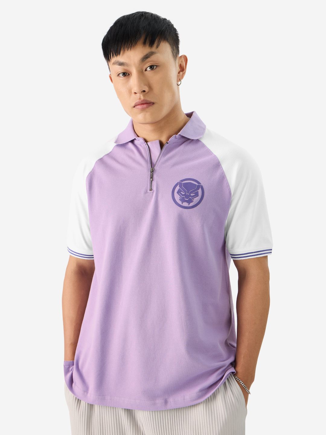 

The Souled Store Graphic Printed Polo Collar Raglan Sleeves T-shirt, Purple