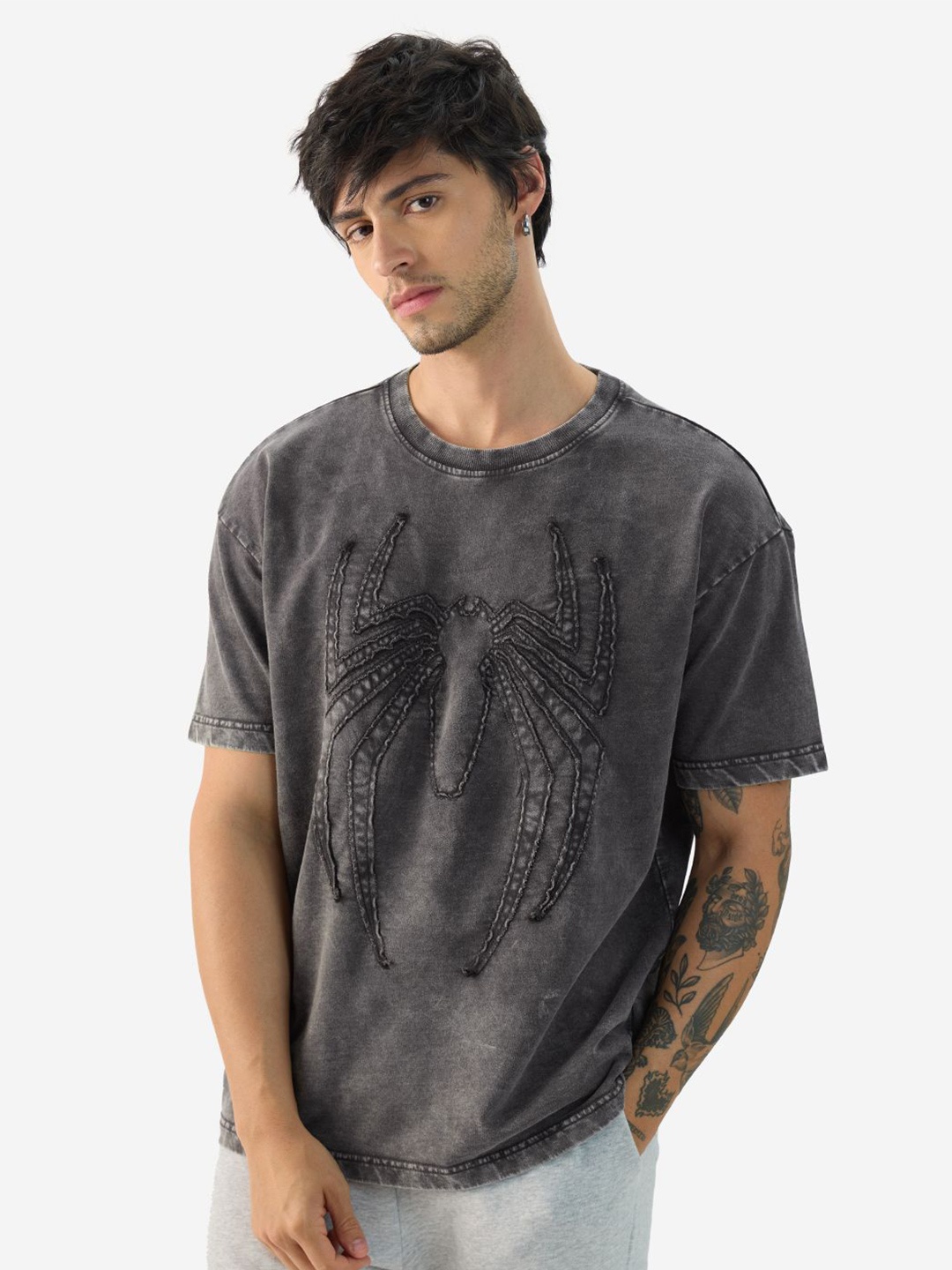 

The Souled Store Geometric Printed Drop-Shoulder Sleeves Pure Cotton Oversized T-shirt, Grey