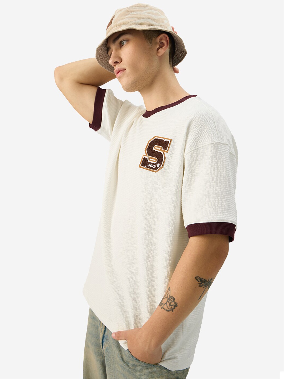 The Souled Store Typography Printed Drop-Shoulder Sleeves Pure Cotton Oversized T-shirt, White