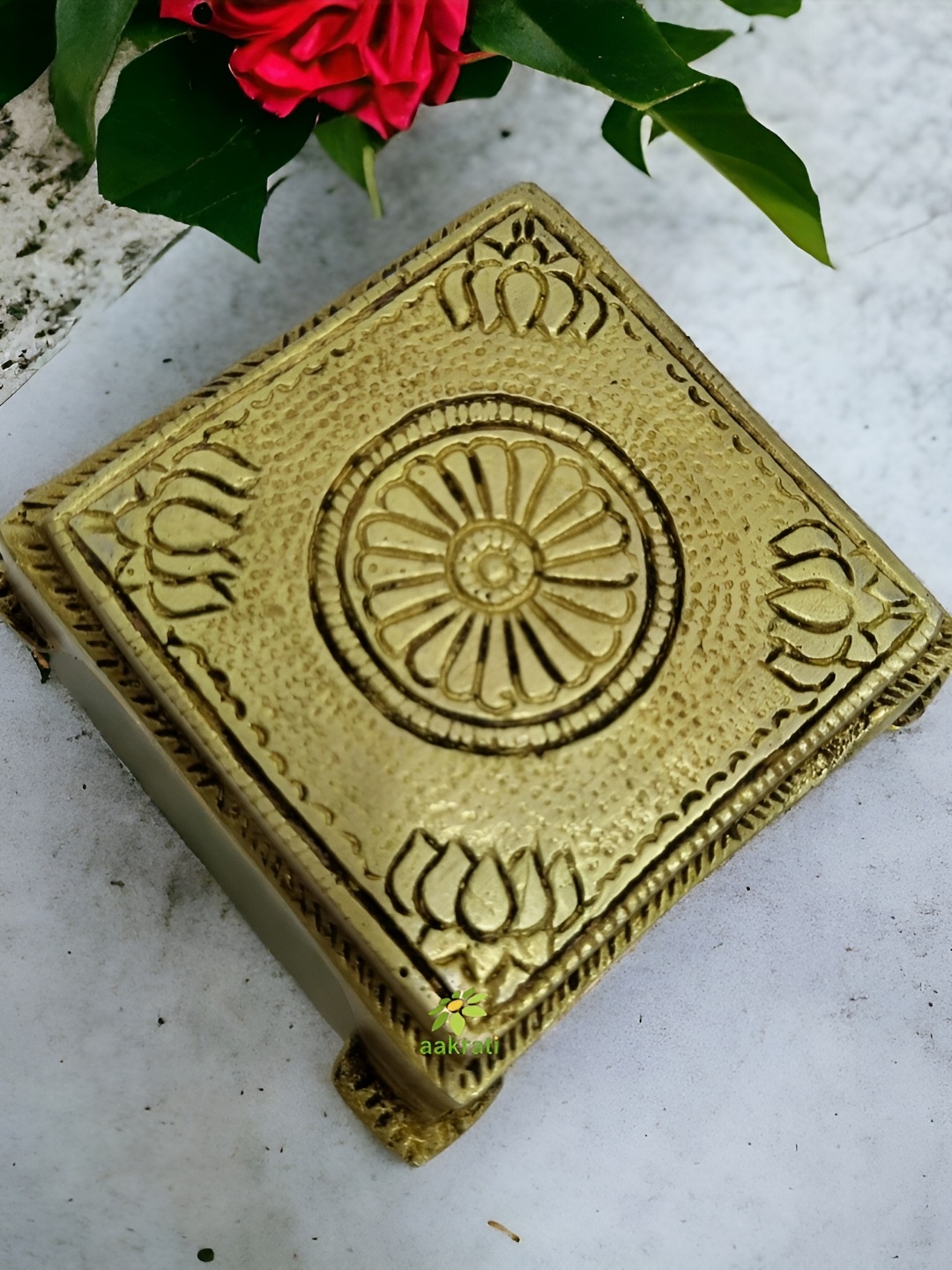 

Aakrati Yellow Lotus Engraved Pooja Chowki