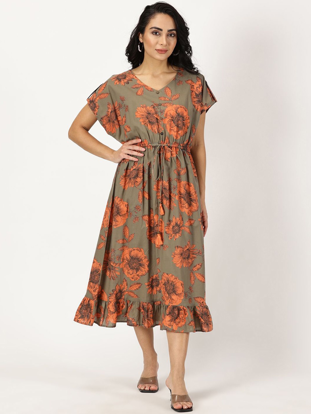 

Saffron Threads Printed Pure Cotton Kaftan Midi Ethnic Dresses, Olive