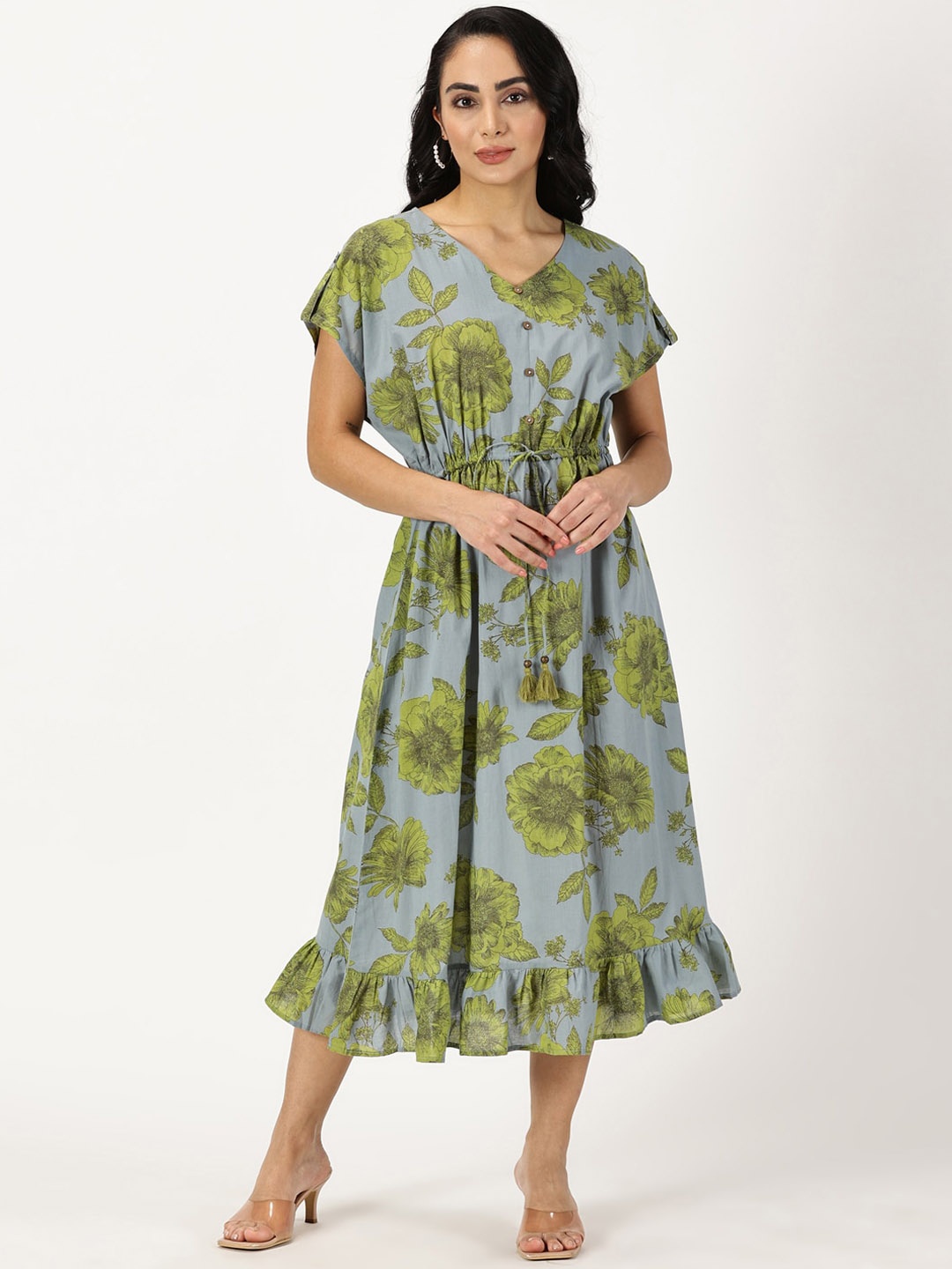 

Saffron Threads Printed Pure Cotton Kaftan Midi Ethnic Dresses, Blue