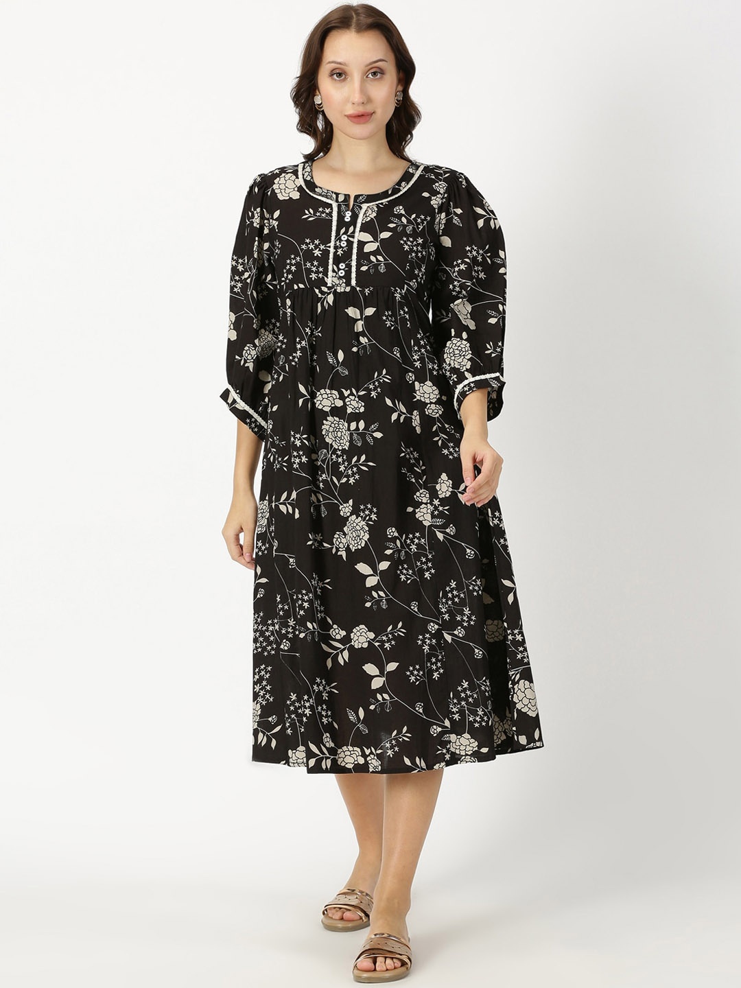

Saffron Threads Women Printed Pure Cotton A-Line Midi Ethnic Dresses, Black