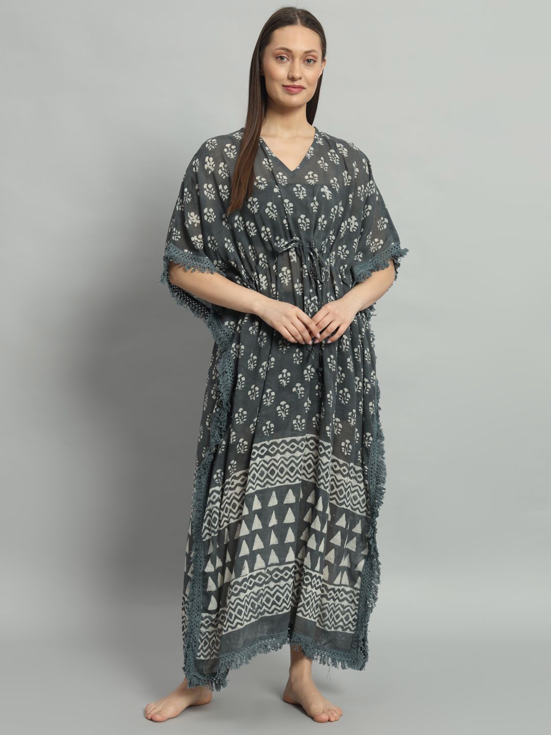

HANDICRAFT PALACE Floral Printed Pure Cotton Maxi Kaftan Nightdress, Grey