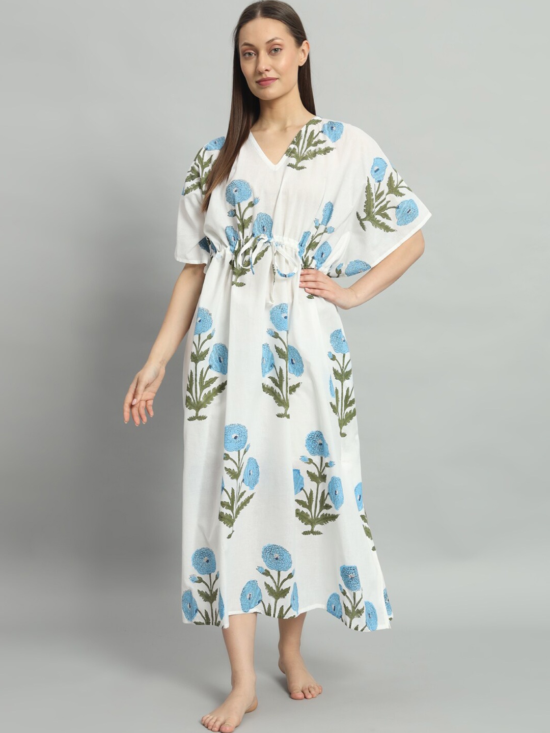 

HANDICRAFT PALACE Floral Printed Pure Cotton Maxi Kaftan Nightdress, White