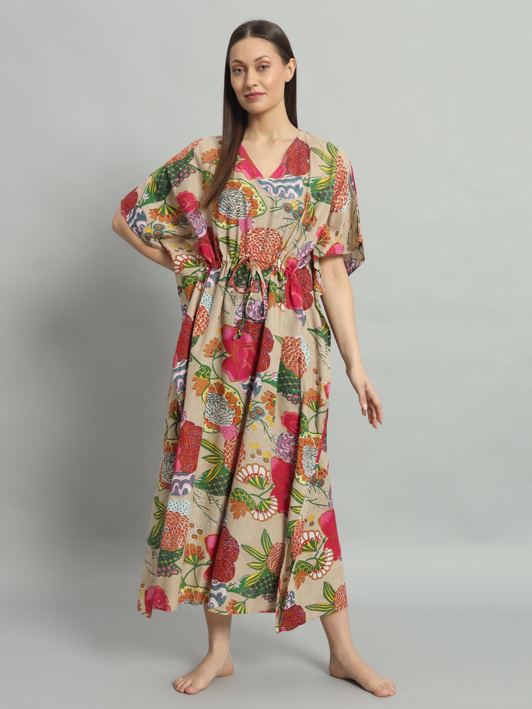 

HANDICRAFT PALACE Woman Floral Printed Maxi Nightdress, Beige