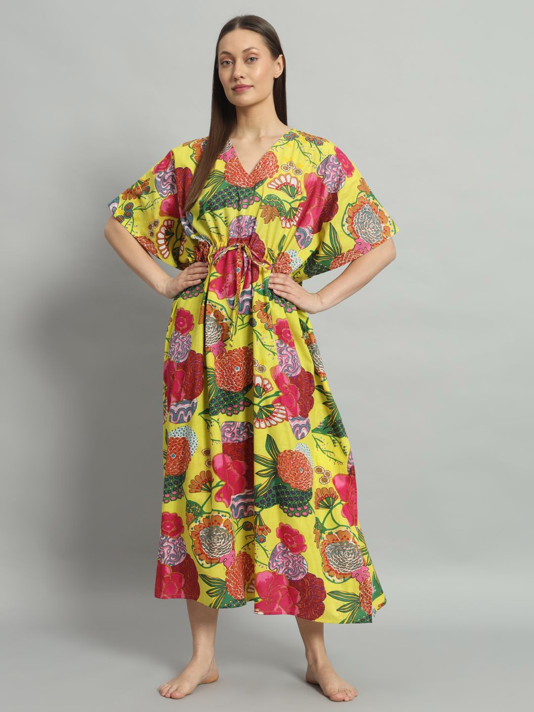 

HANDICRAFT PALACE Floral Printed Pure Cotton Maxi Kaftan Nightdress, Yellow
