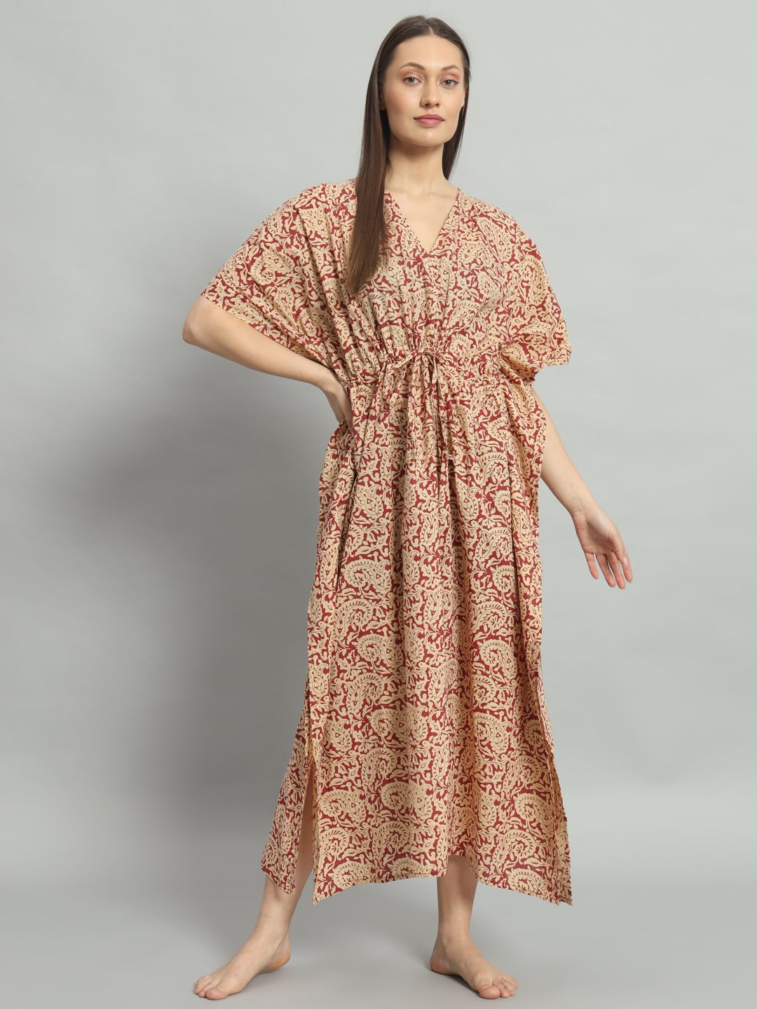 

HANDICRAFT PALACE kaftan pure cotton Printed midi Nightdress, Red