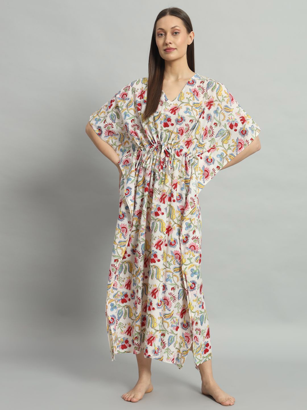 

HANDICRAFT PALACE Floral Printed Pure Cotton Maxi Kaftan Nightdress, White