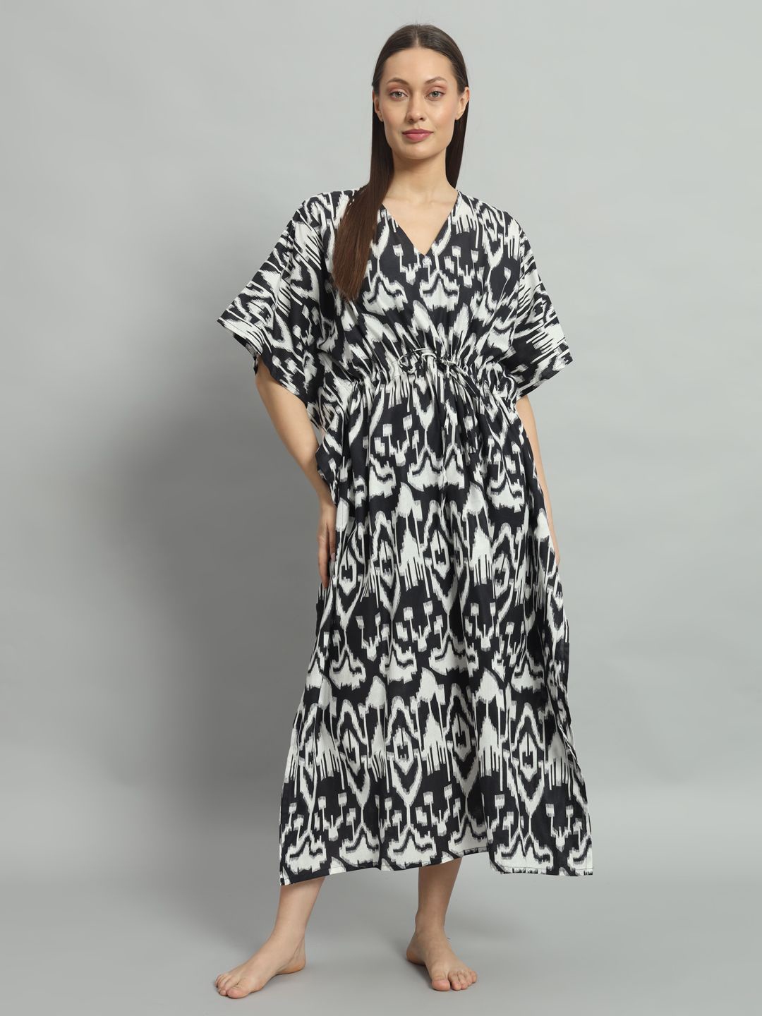 

HANDICRAFT PALACE kaftan pure cotton Printed Midi Nightdress, Black