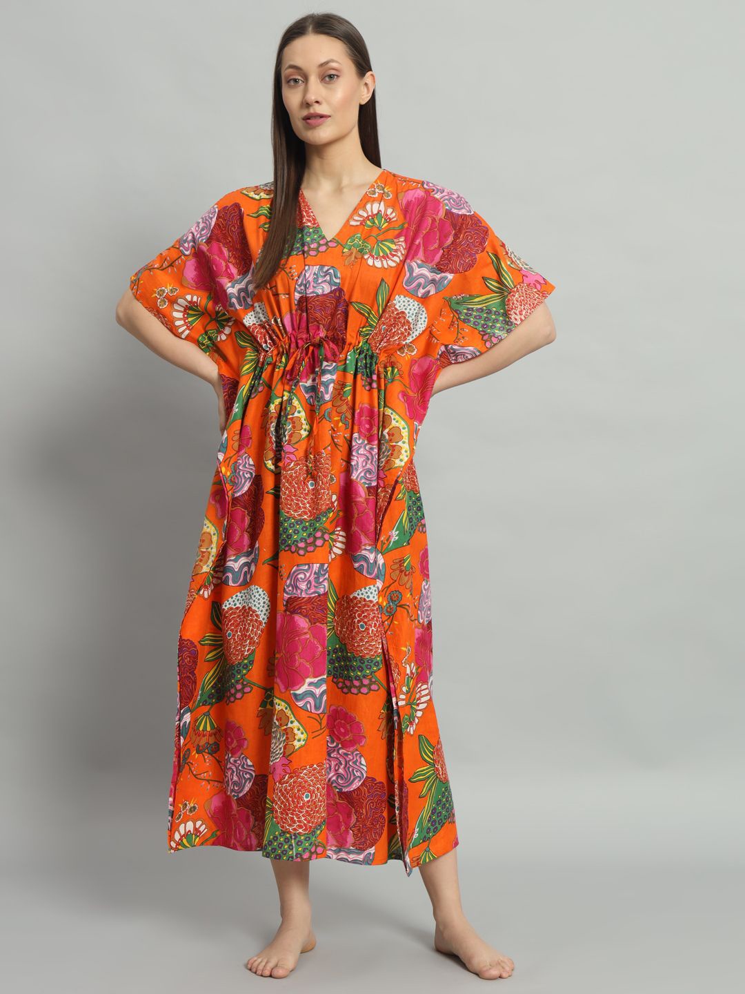 

HANDICRAFT PALACE Printed pure cotton kaftan Nightdress, Orange