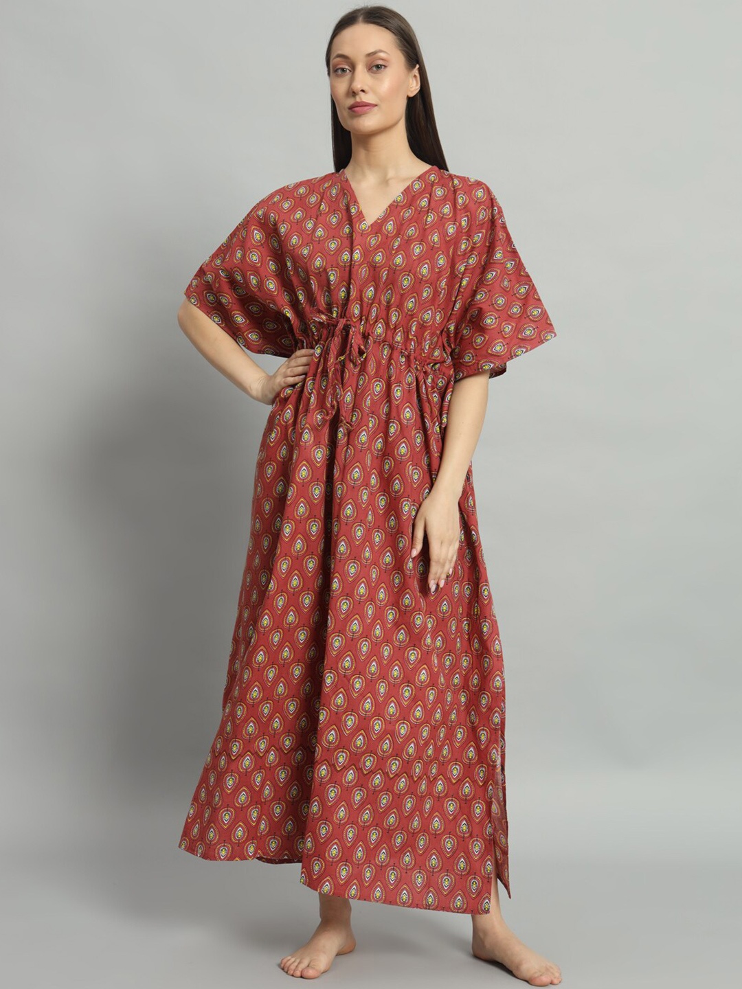 

HANDICRAFT PALACE Floral Printed Pure Cotton Maxi Kaftan Nightdress, Brown