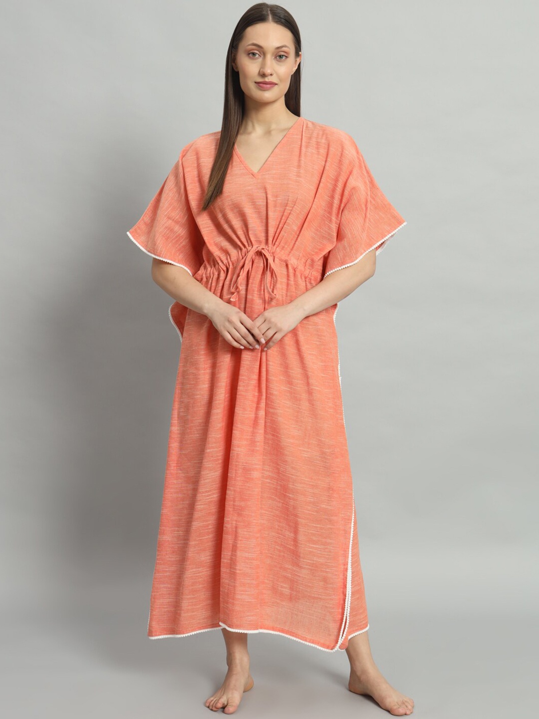 

HANDICRAFT PALACE Woman Solid Printed Maxi Nightdress, Peach