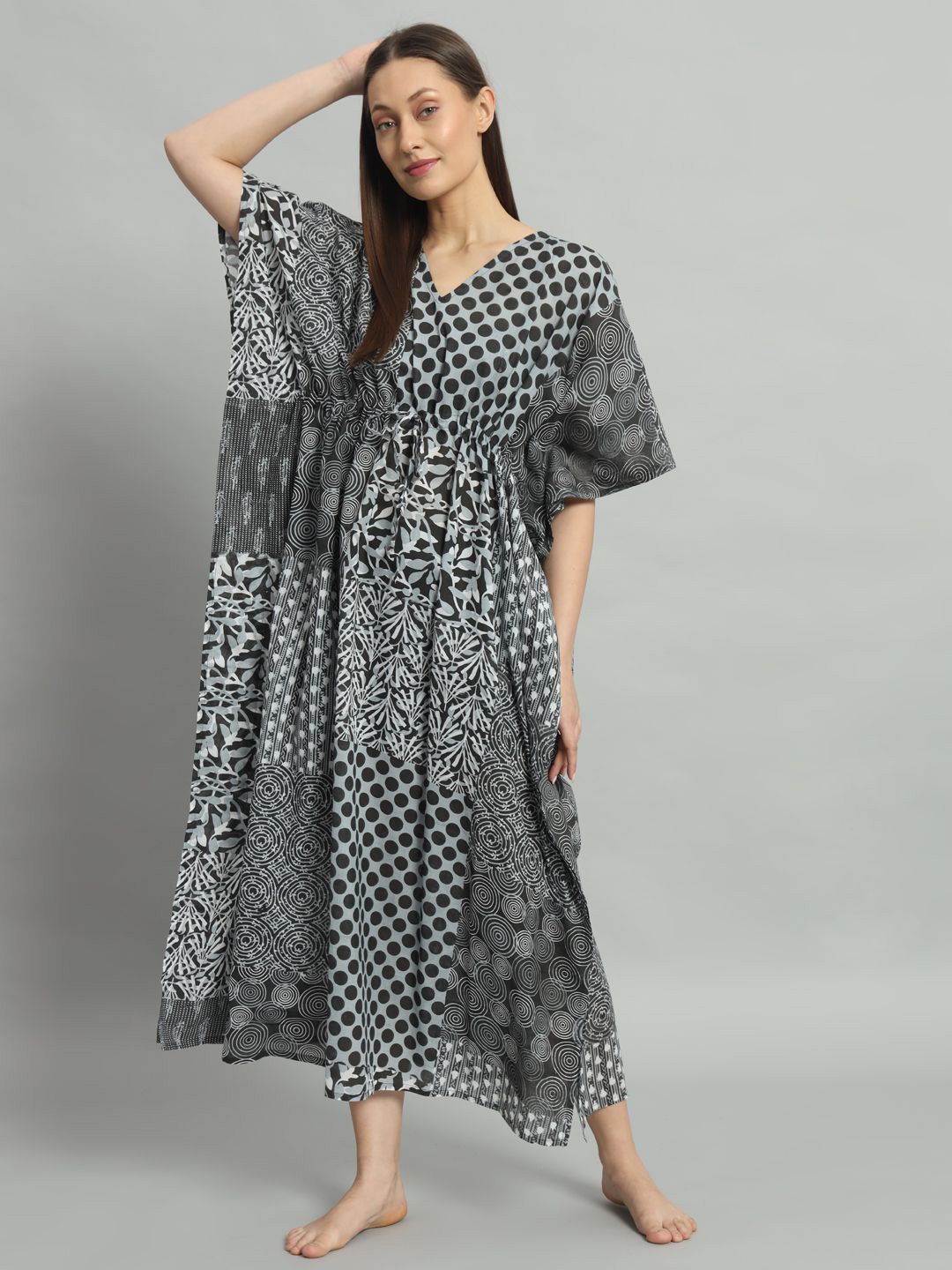 

HANDICRAFT PALACE Floral Printed Pure Cotton Maxi Kaftan Nightdress, Grey