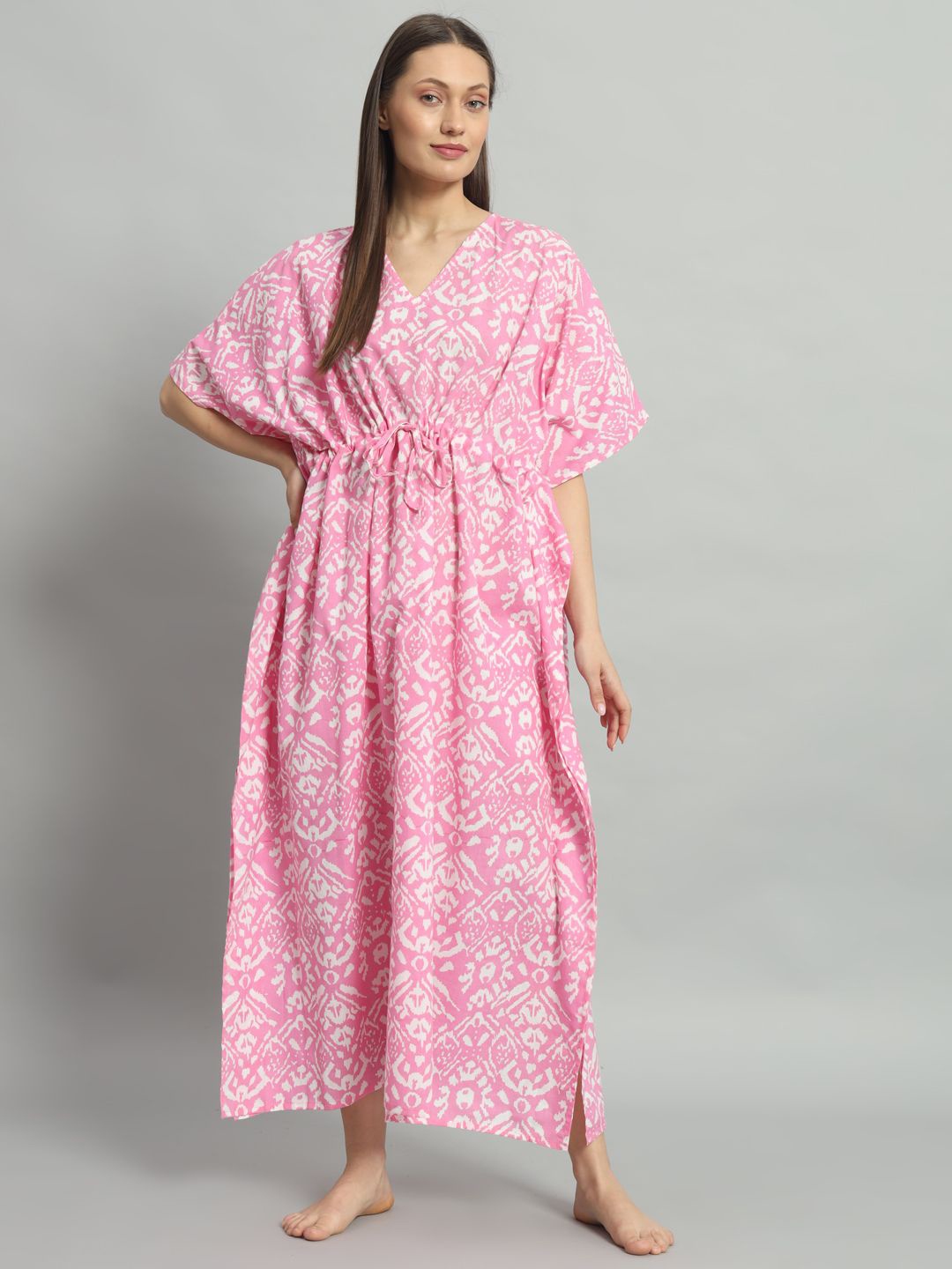 

HANDICRAFT PALACE kaftan pure cotton Printed Maxi Nightdress, Pink