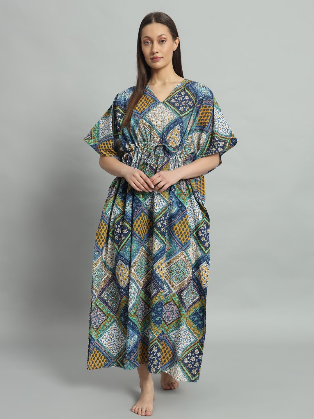 

HANDICRAFT PALACE Floral Printed Pure Cotton Maxi Kaftan Nightdress, Blue