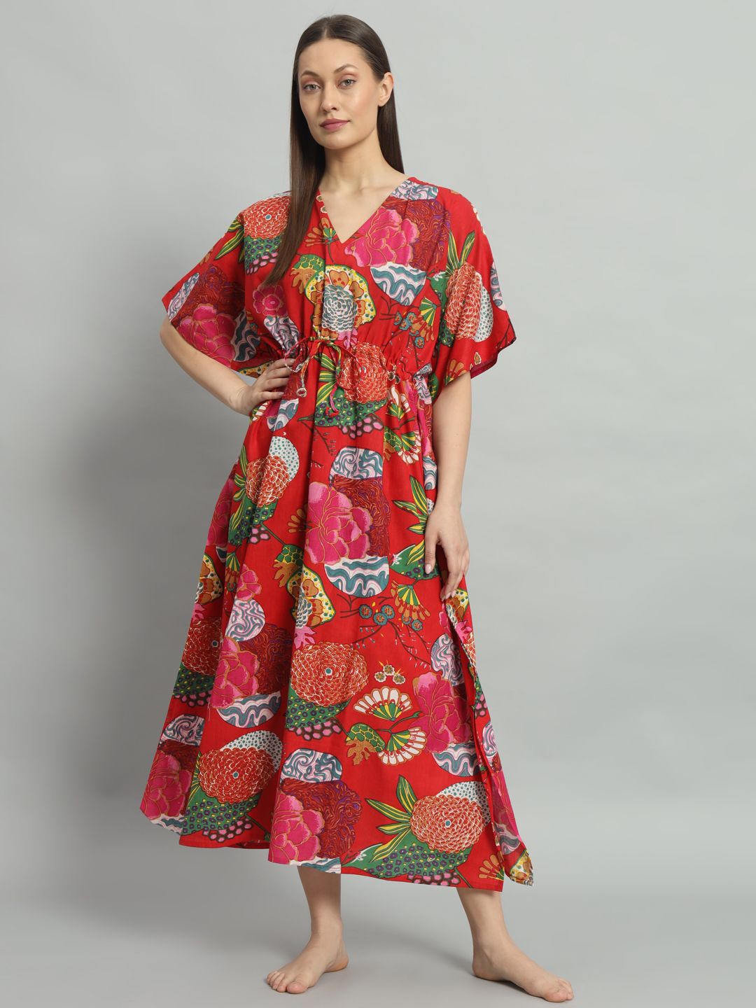 

HANDICRAFT PALACE kaftan pure cotton Printed midi Nightdress, Red