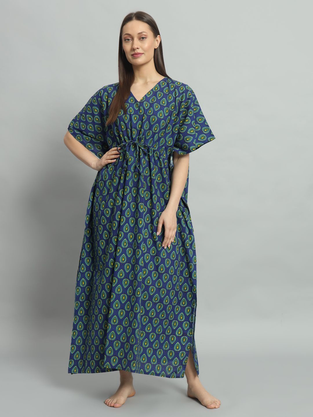 

HANDICRAFT PALACE Ethnic Motifs Printed Pure Cotton Maxi Kaftan Nightdress, Sea green