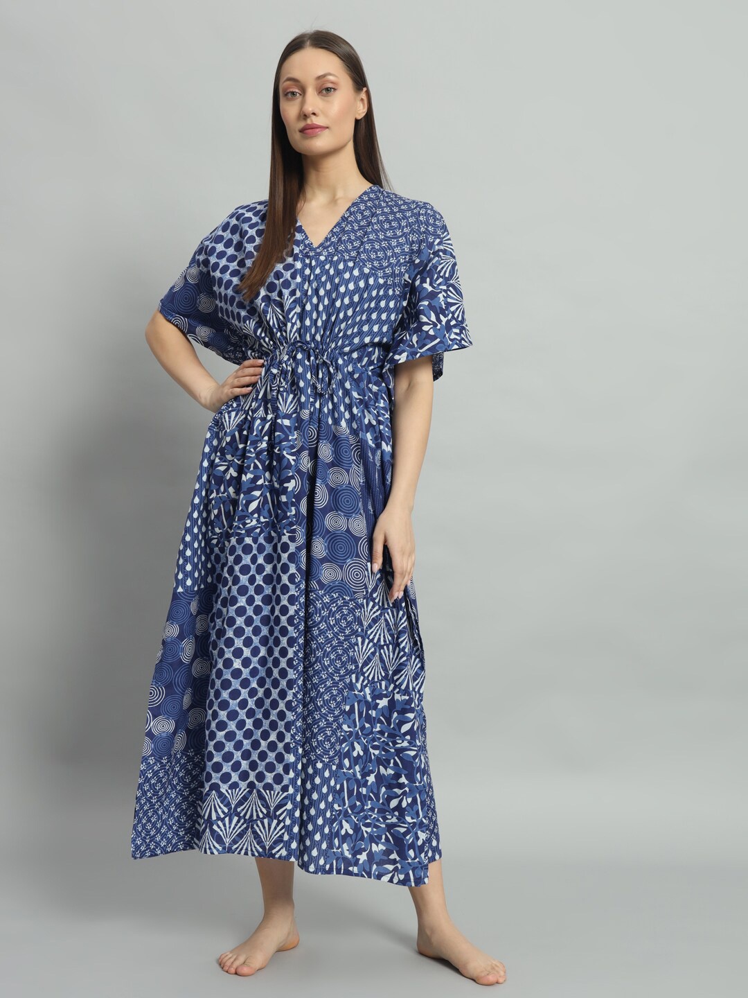 

HANDICRAFT PALACE Printed pure cotton Midi kaftan Nightdress, Blue