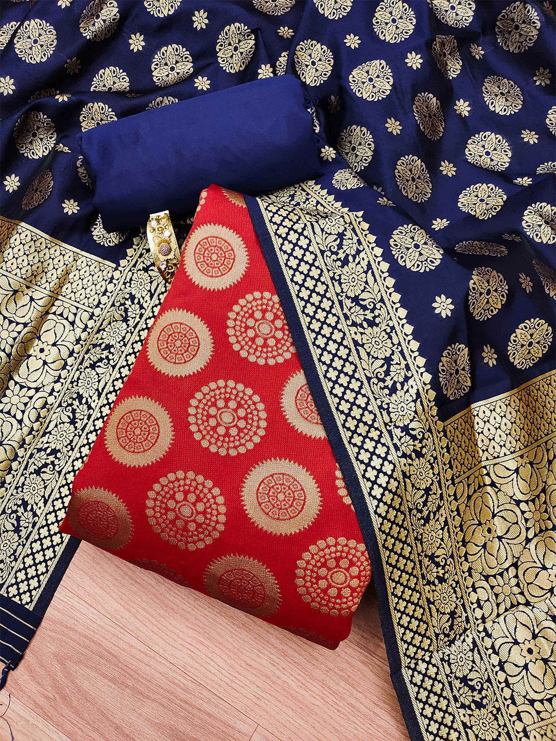 

Ishin Women Woven Design Unstitched Dress Material, Red
