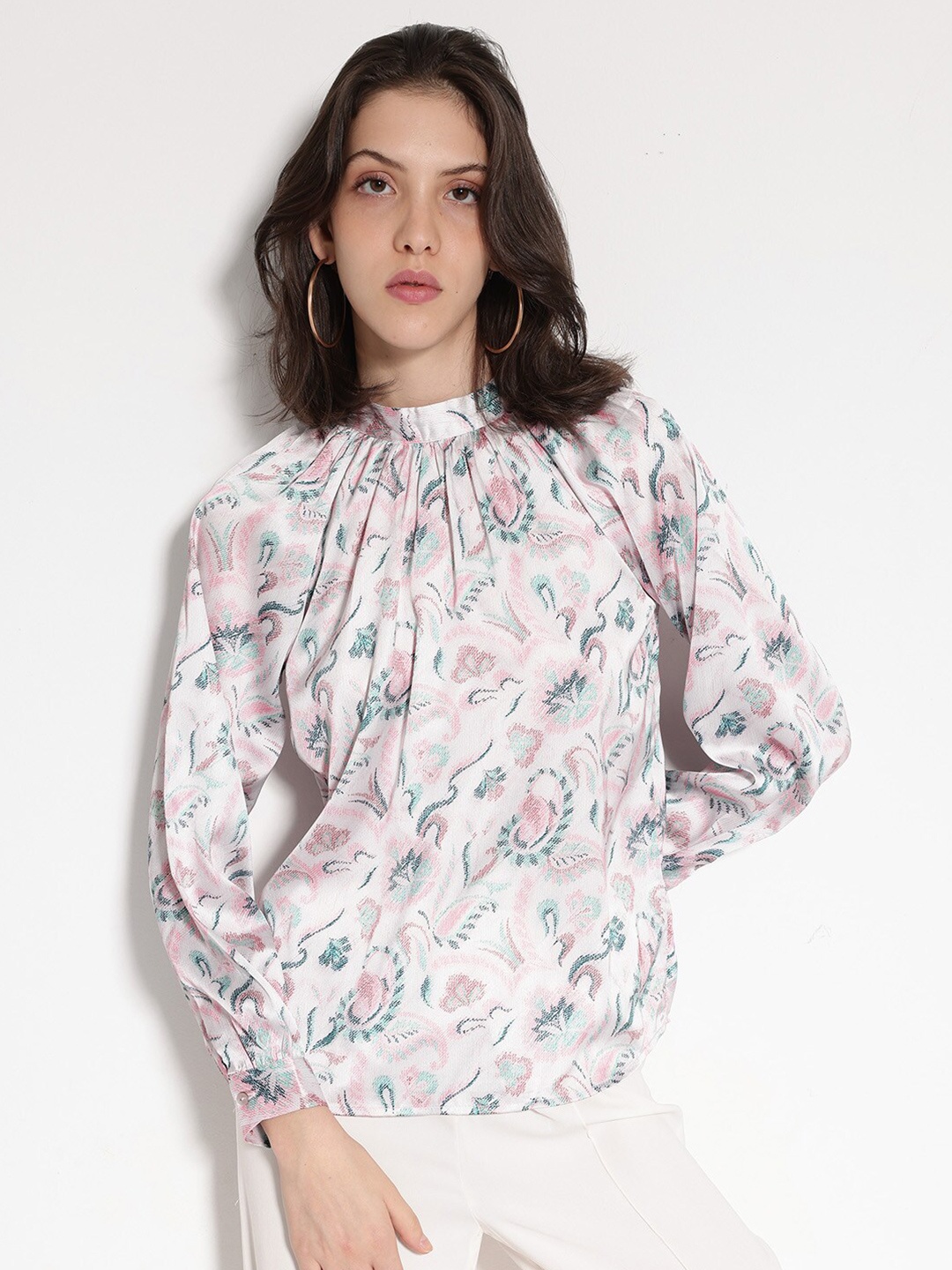 

RAREISM Floral Printed High Neck Cuffed Sleeves Cotton Top, White
