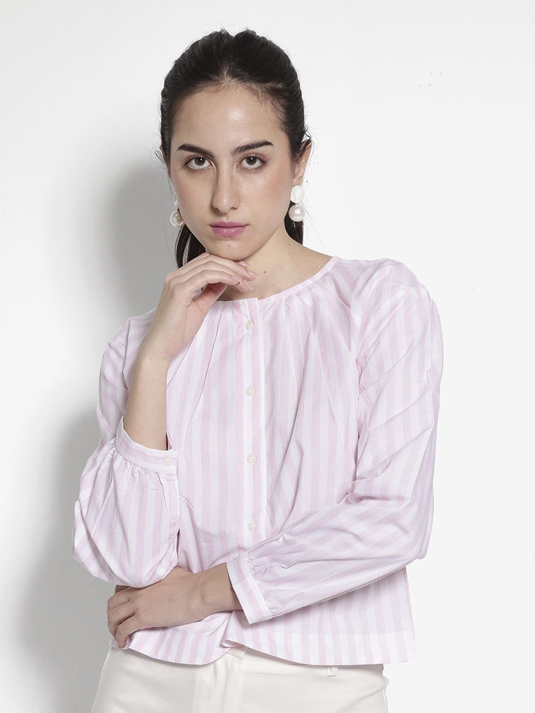 

RAREISM Striped Puff Sleeve Cotton Styled Back Top, Pink