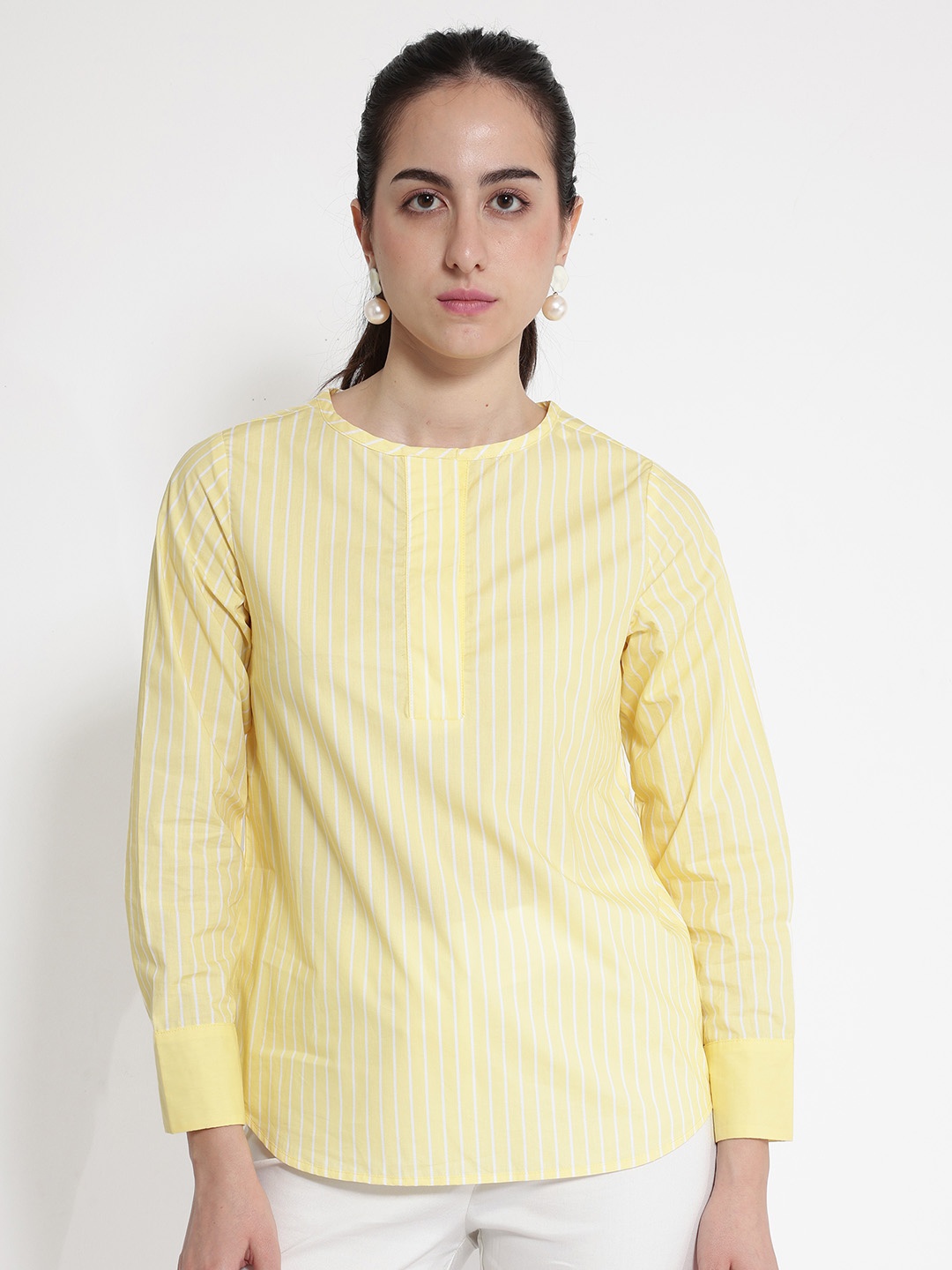 

RAREISM Striped Cuffed Sleeves Cotton Top, Yellow