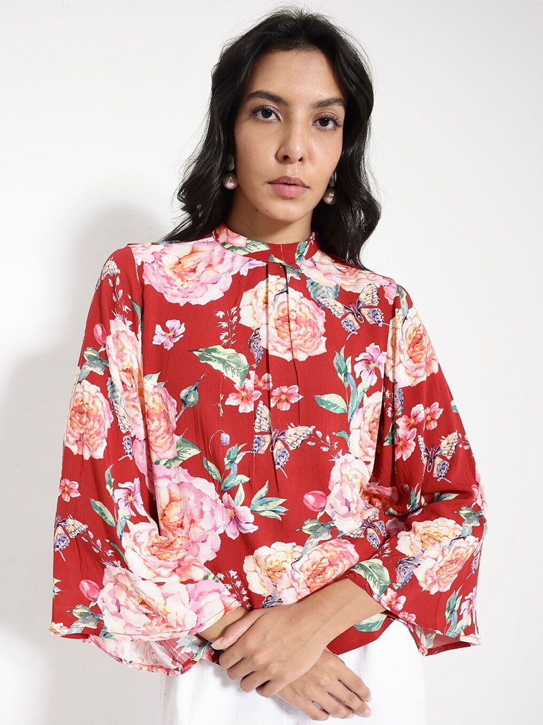 

RAREISM Floral Printed Flared Sleeve Cotton Top, Maroon