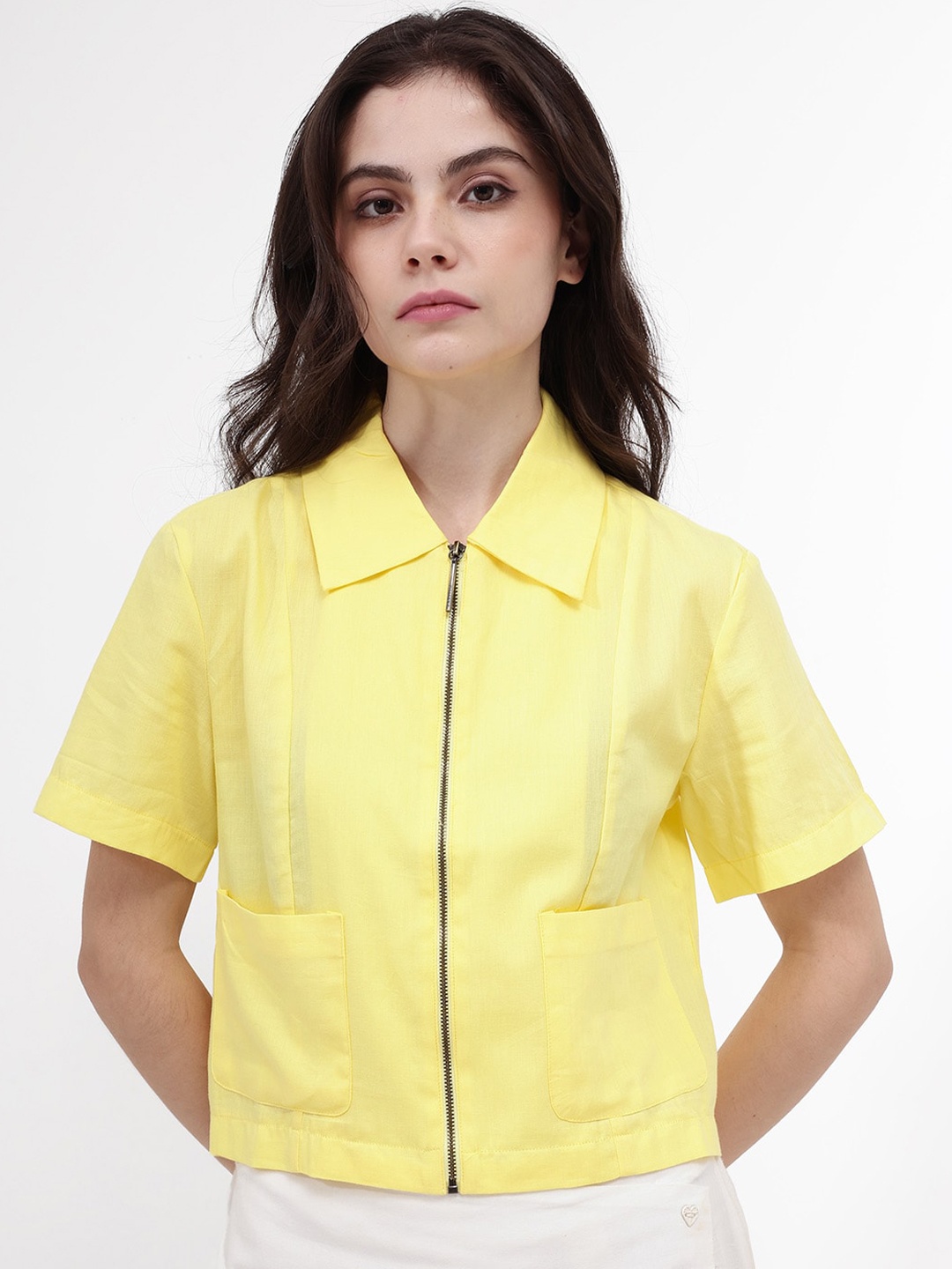 

RAREISM Cotton Shirt Collar Pocket Detailing Crop Boxy Top, Yellow