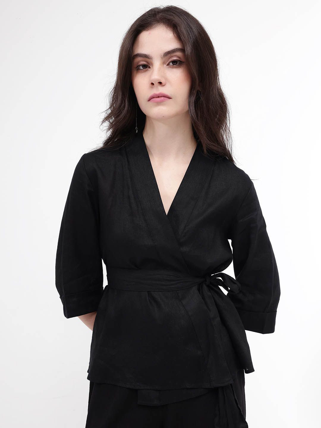

RAREISM V-Neck Wrap Cotton Top, Black