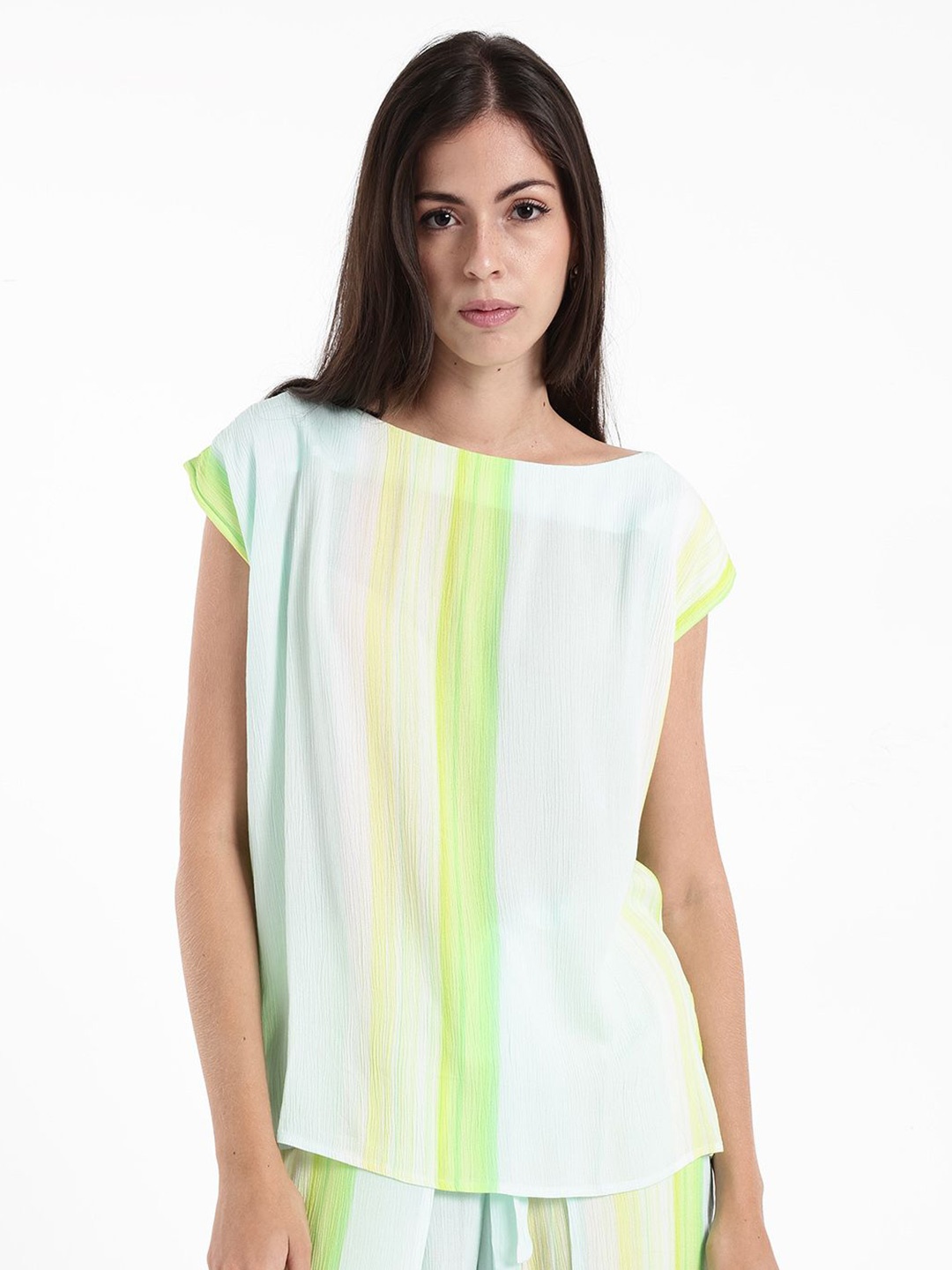 

RAREISM Striped Boat Neck Cap Sleeves Cotton Top, Blue