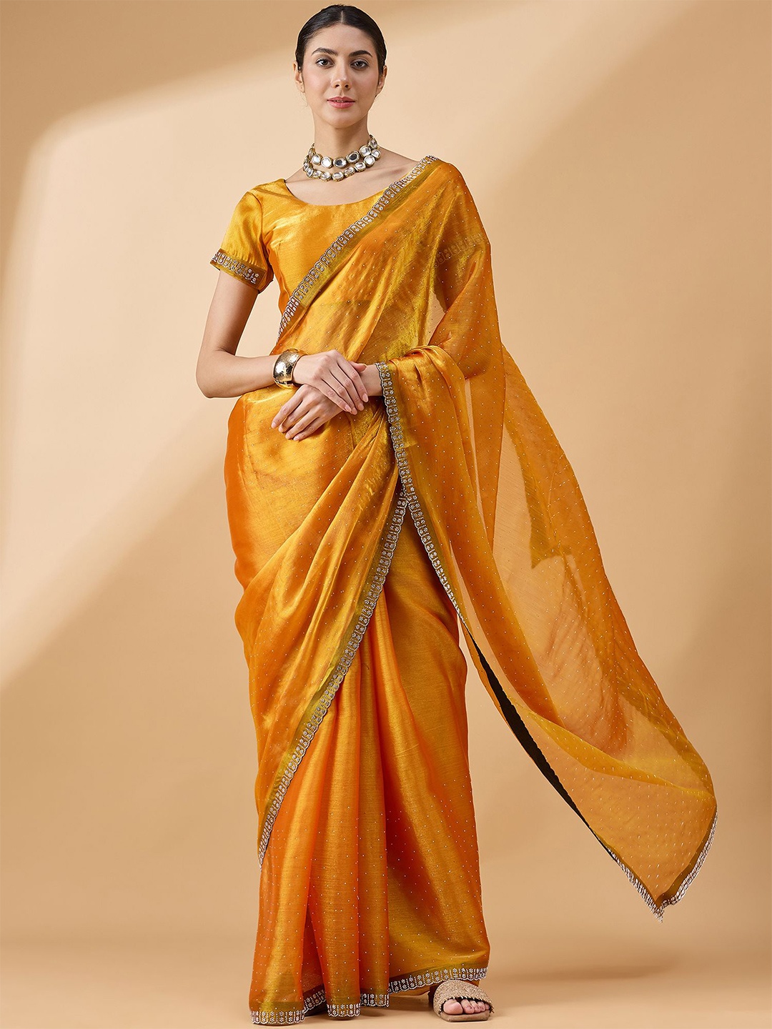 

all about you Embellished Beads and Stones Organza Saree, Mustard