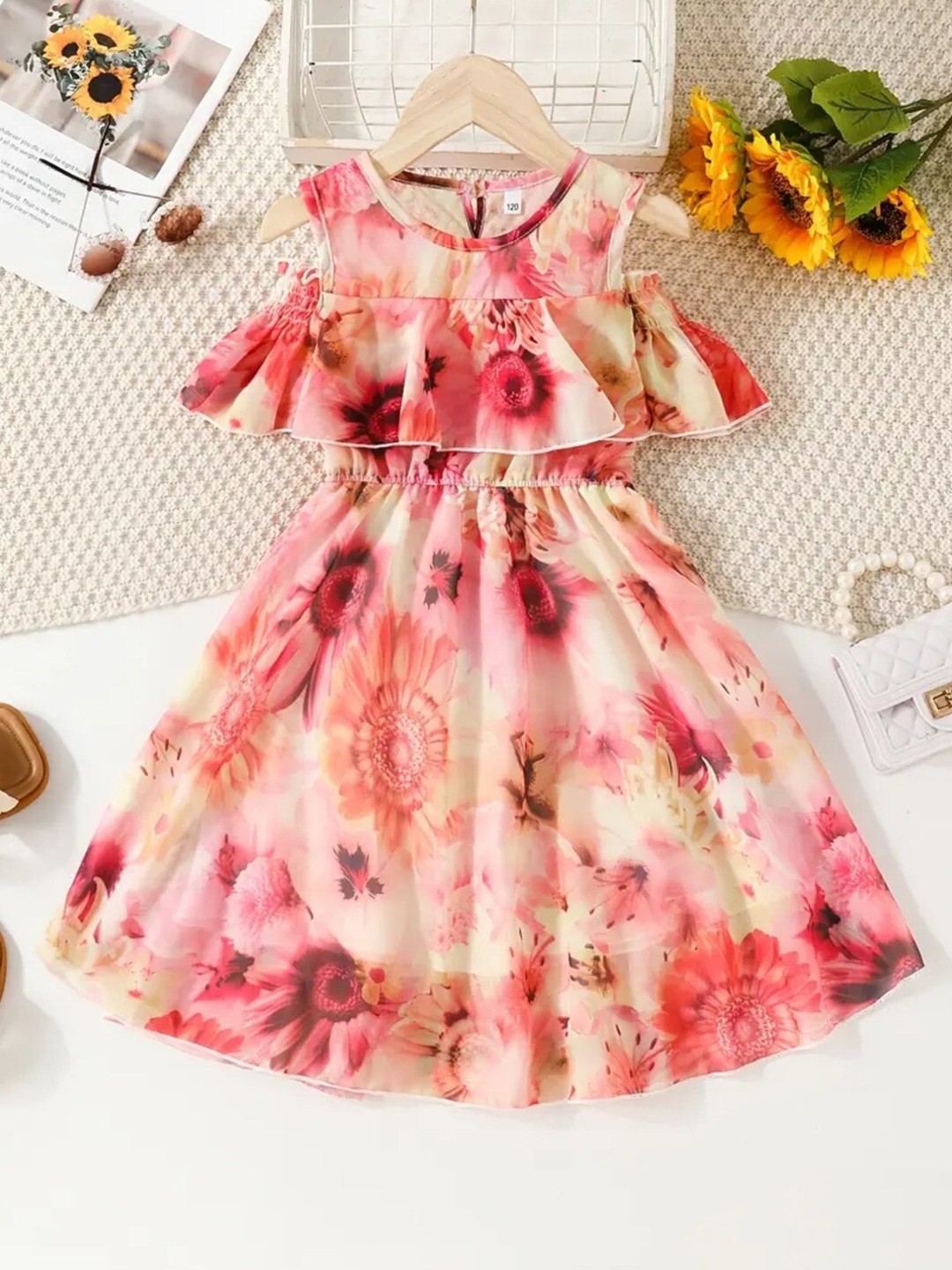 

BAESD Floral Print Flared Sleeve Georgette Fit & Flare Dress, Orange