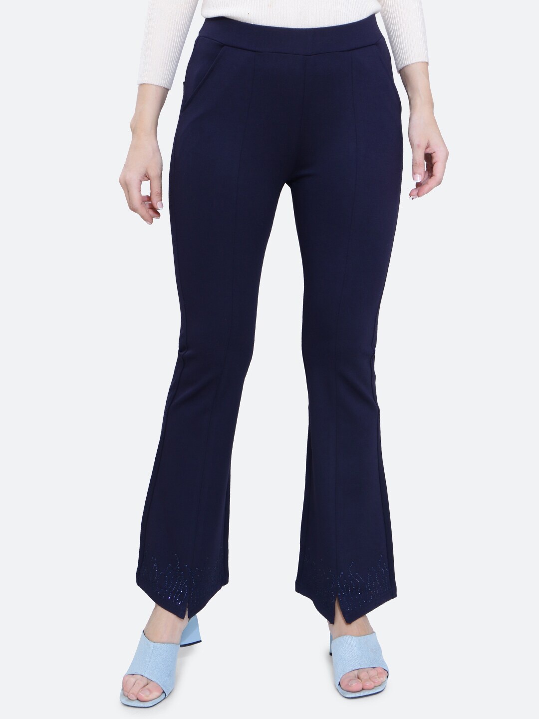 

FCK-3 Women Embellished Jeggings with Patchwork, Navy blue