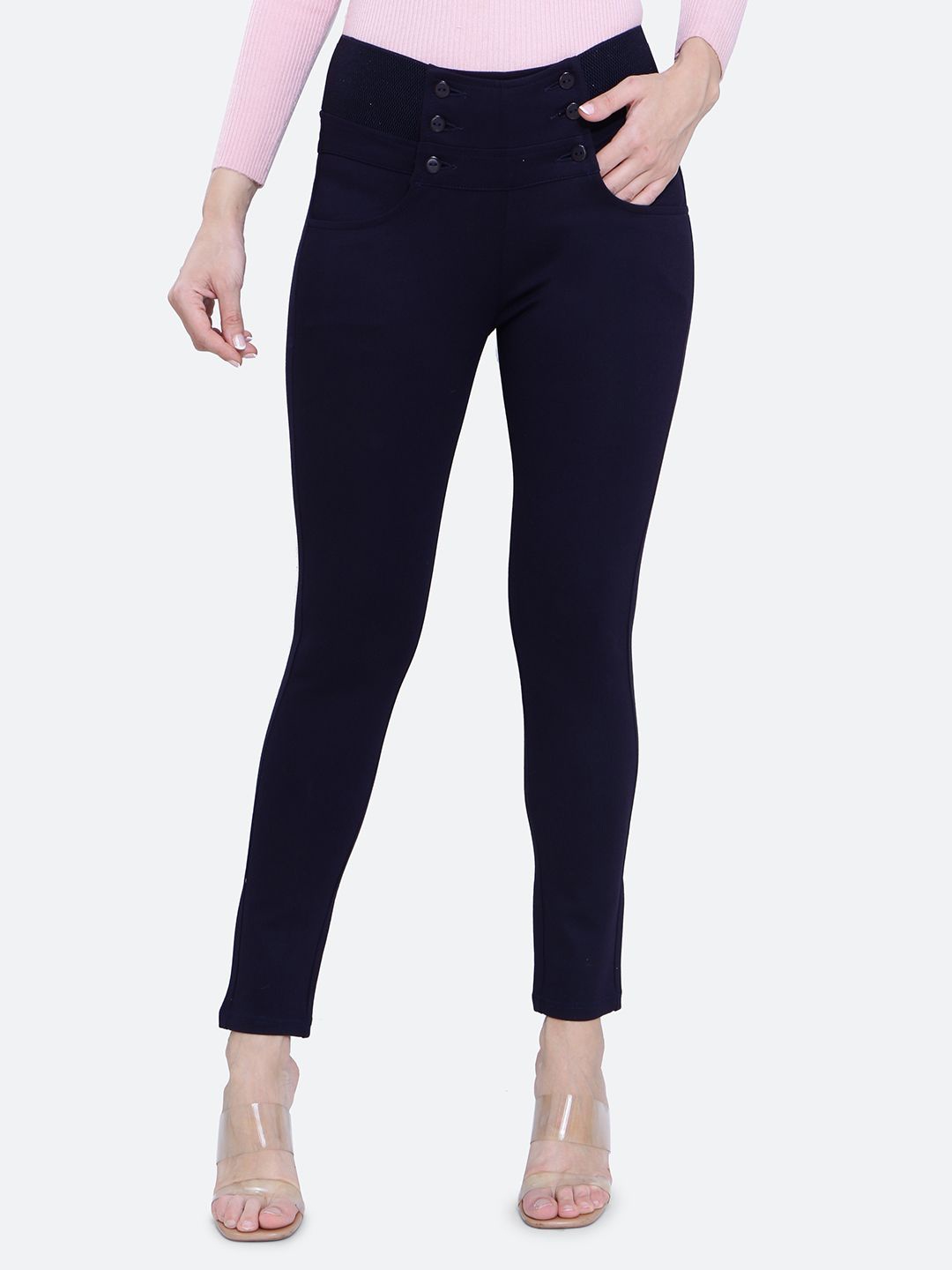 

FCK-3 Women Embellished Jeggings with Patchwork, Navy blue