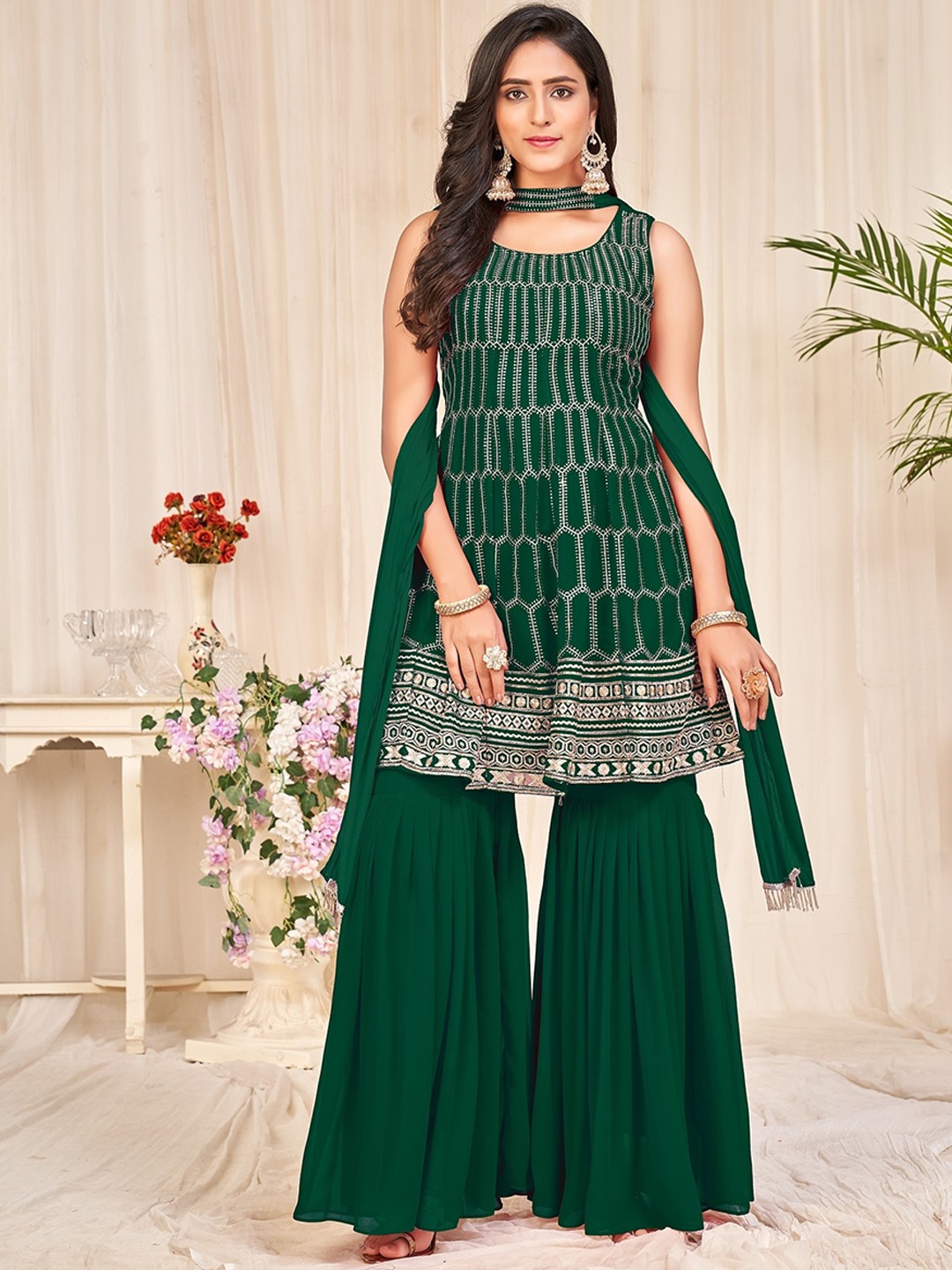 

Warthy Ent Embellished Unstitched Dress Material, Green