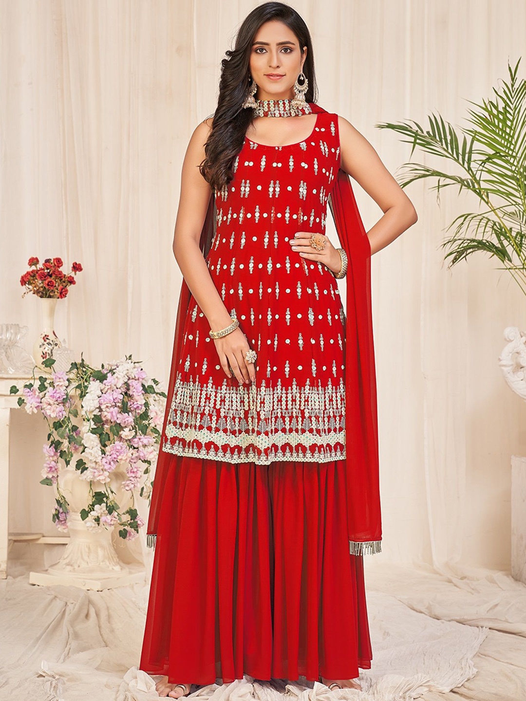 Warthy Ent Embroidered Unstitched Dress Material, Red