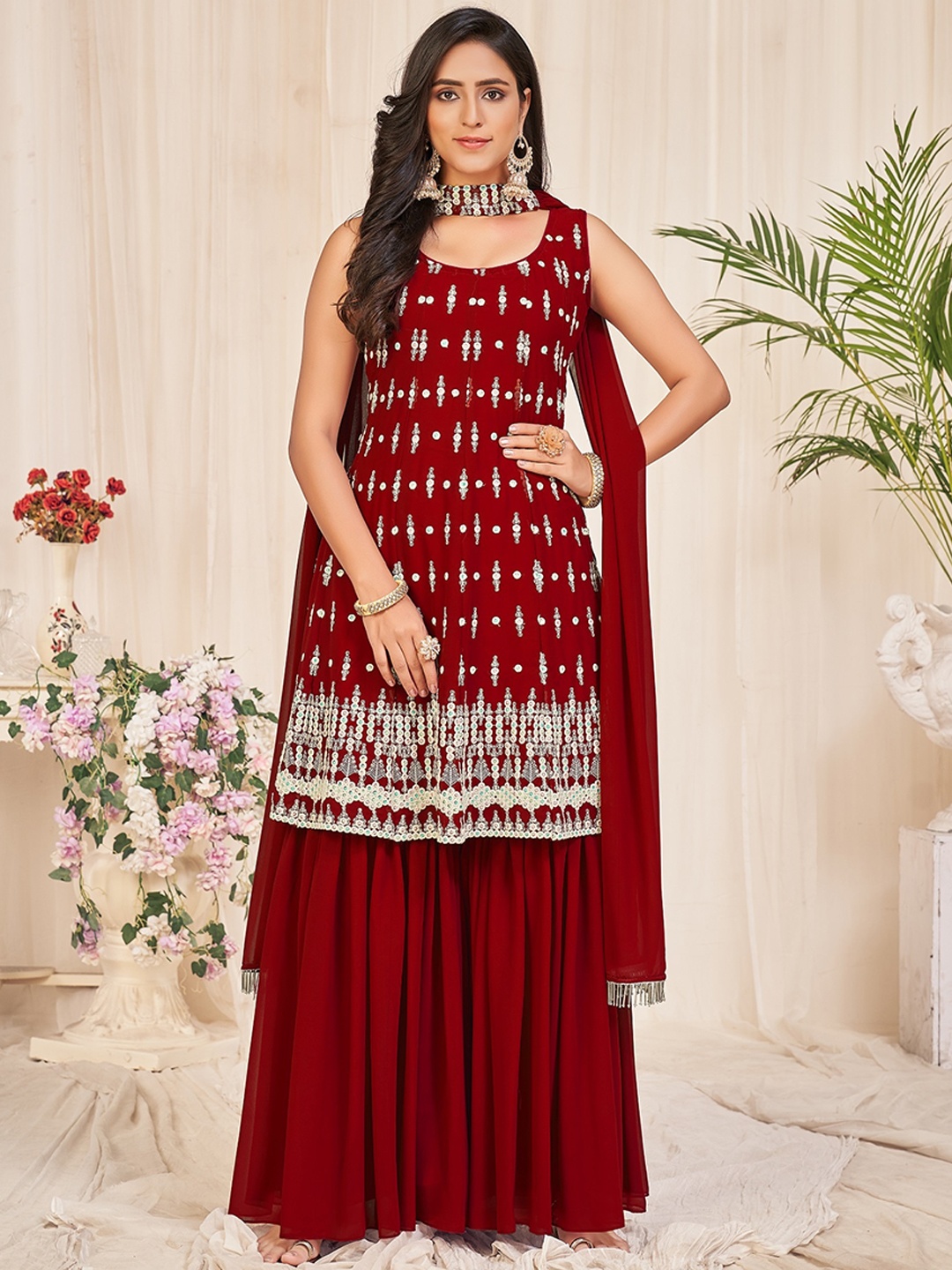 Warthy Ent Embroidered Unstitched Dress Material, Maroon